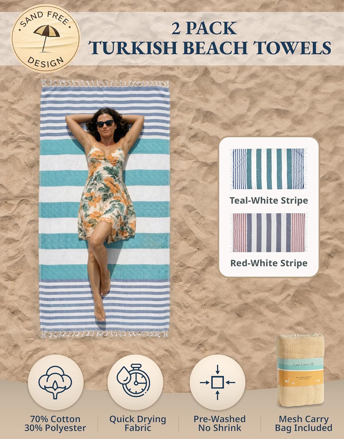 Thumbnail 1 de Lane Linen Old Glory Teal Beach Towels for Women (2-Pack) — Oversized 39"x71" Sand-Free, Quick Dry Beach Towels