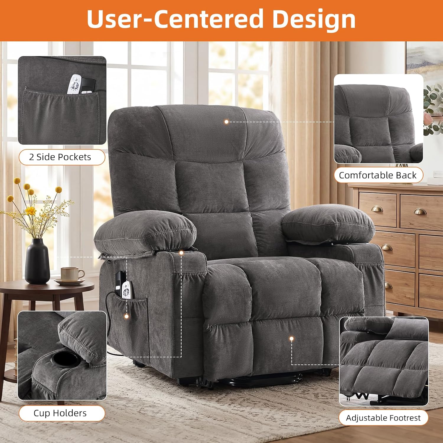 Detalle 2 de KWKSV 1361 Power Lift Recliner with Massage, Heat, and Storage