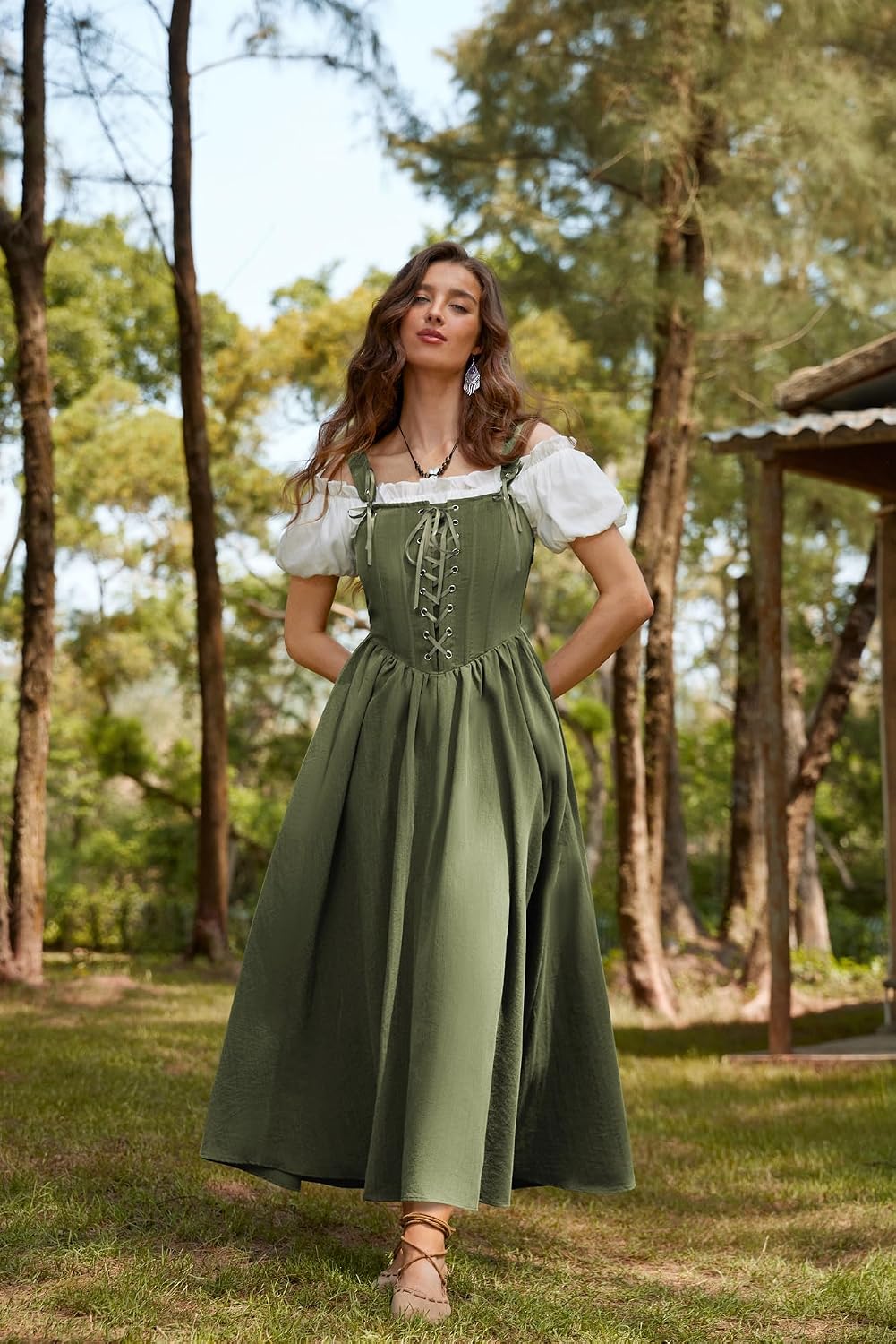 Detalle de SCARLET DARKNESS Damen Renaissance Korsett Kleid – Ärmellos mit Schnürung, Mittelalter-Gothic Maxi-Kleid