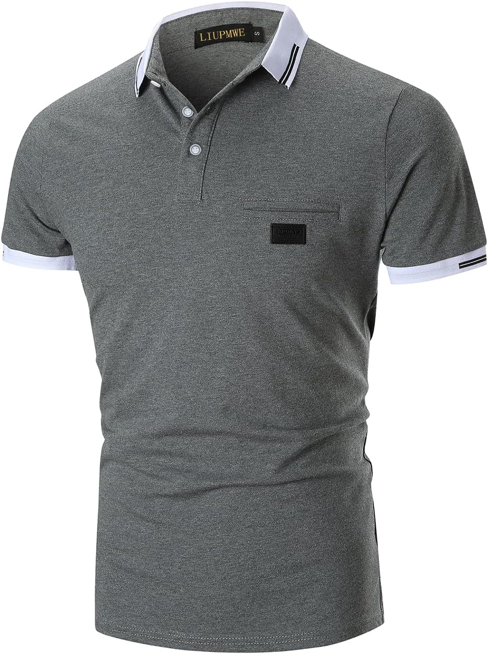 Detalle de LIUPMWE Poloshirt Herren Kurzarm Golf mit Tasche – Baumwolle, Kontrast-Ausschnitt