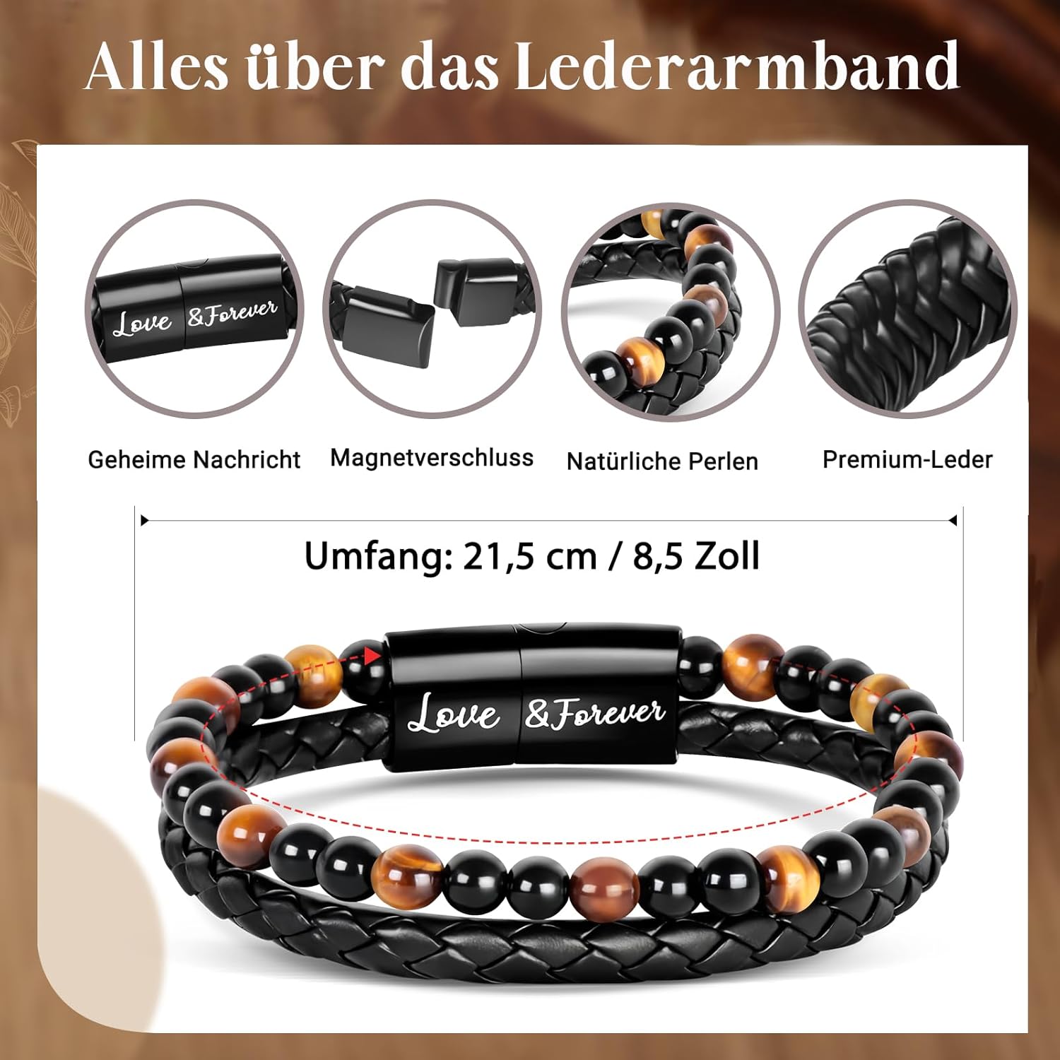 Thumbnail 3 de YIBONIKA Lederarmband mit Tigerauge-Edelsteinperlen & Achat – Geschenkbox inkl.