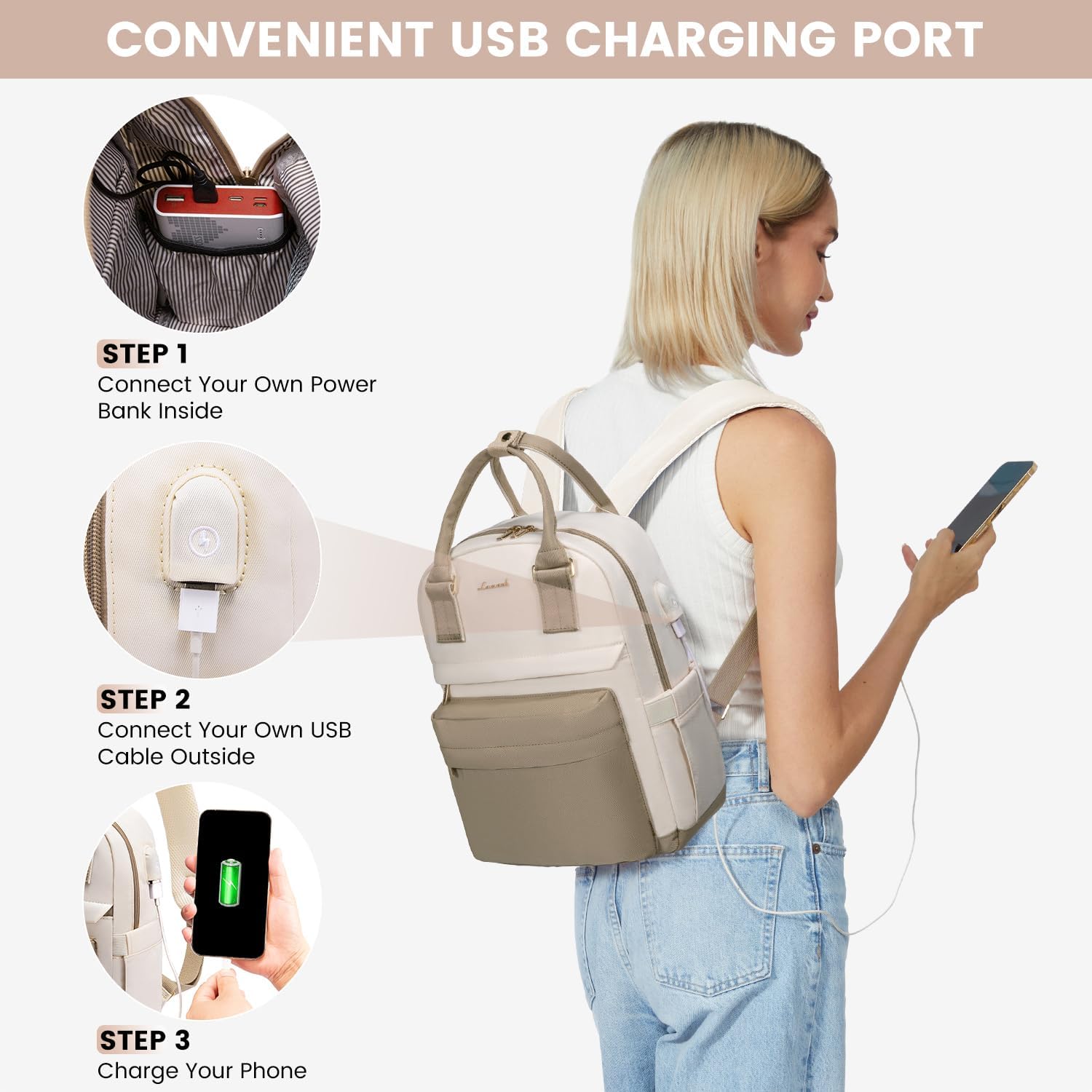 Detalle 2 de LOVEVOOK Zaino da donna impermeabile 2 in 1 con porta USB – verde/beige, 13,3 pollici