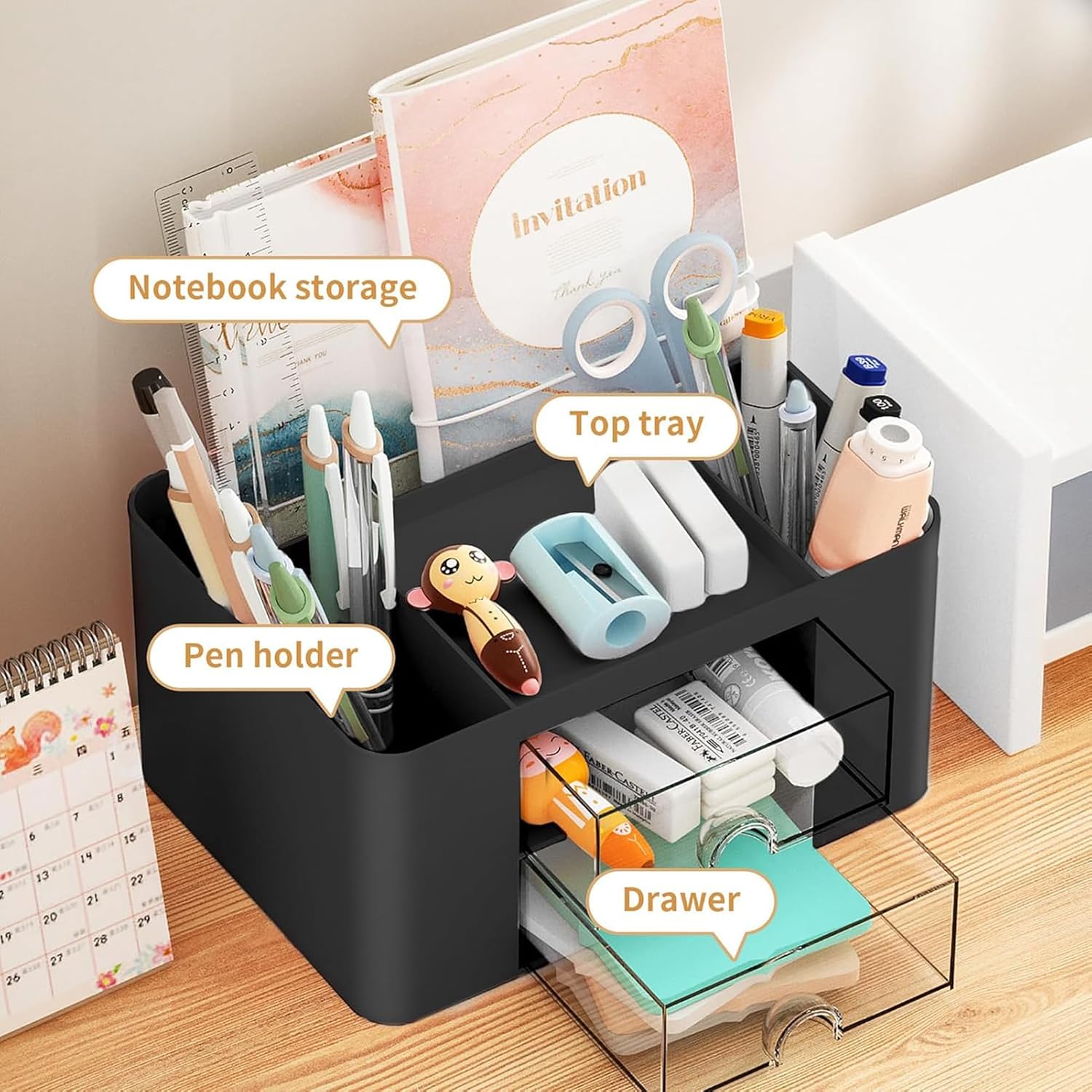 Detalle de Marbrasse Schreibtisch Organizer mit Schubladen – Multifunktionaler Desktop-Organizer in Schwarz