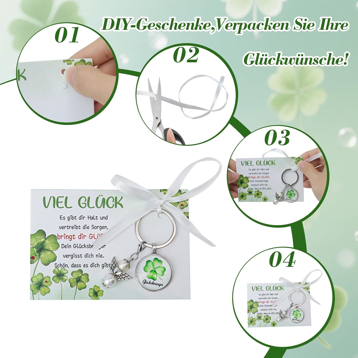 Detalle de Epaing 15er Glücksbringer Schlüsselanhänger Set – Vierblättriges Kleeblatt & Schutzengel als DIY-Geschenk