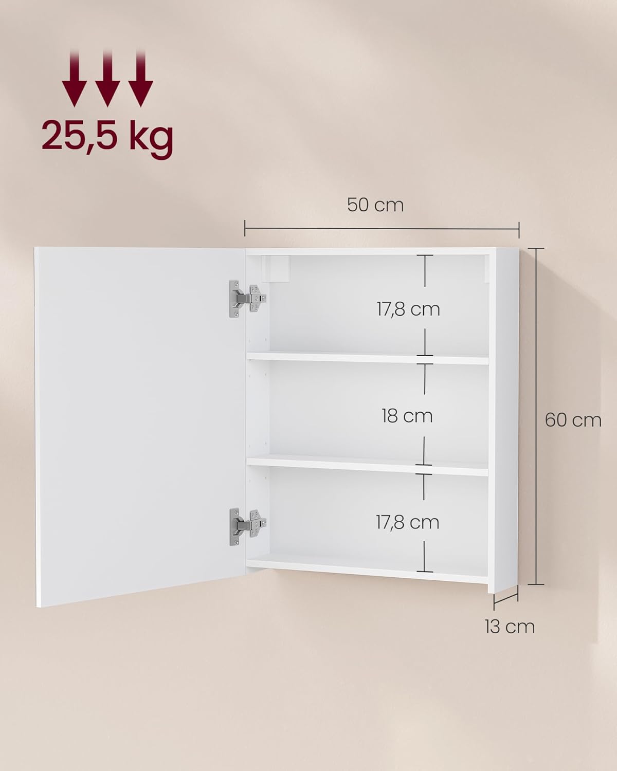 Detalle 2 de VASAGLE KAILYN Collezione – Armadietto a Specchio da Parete per Bagno, 13 x 50 x 60 cm, Bianco BBK012WB01