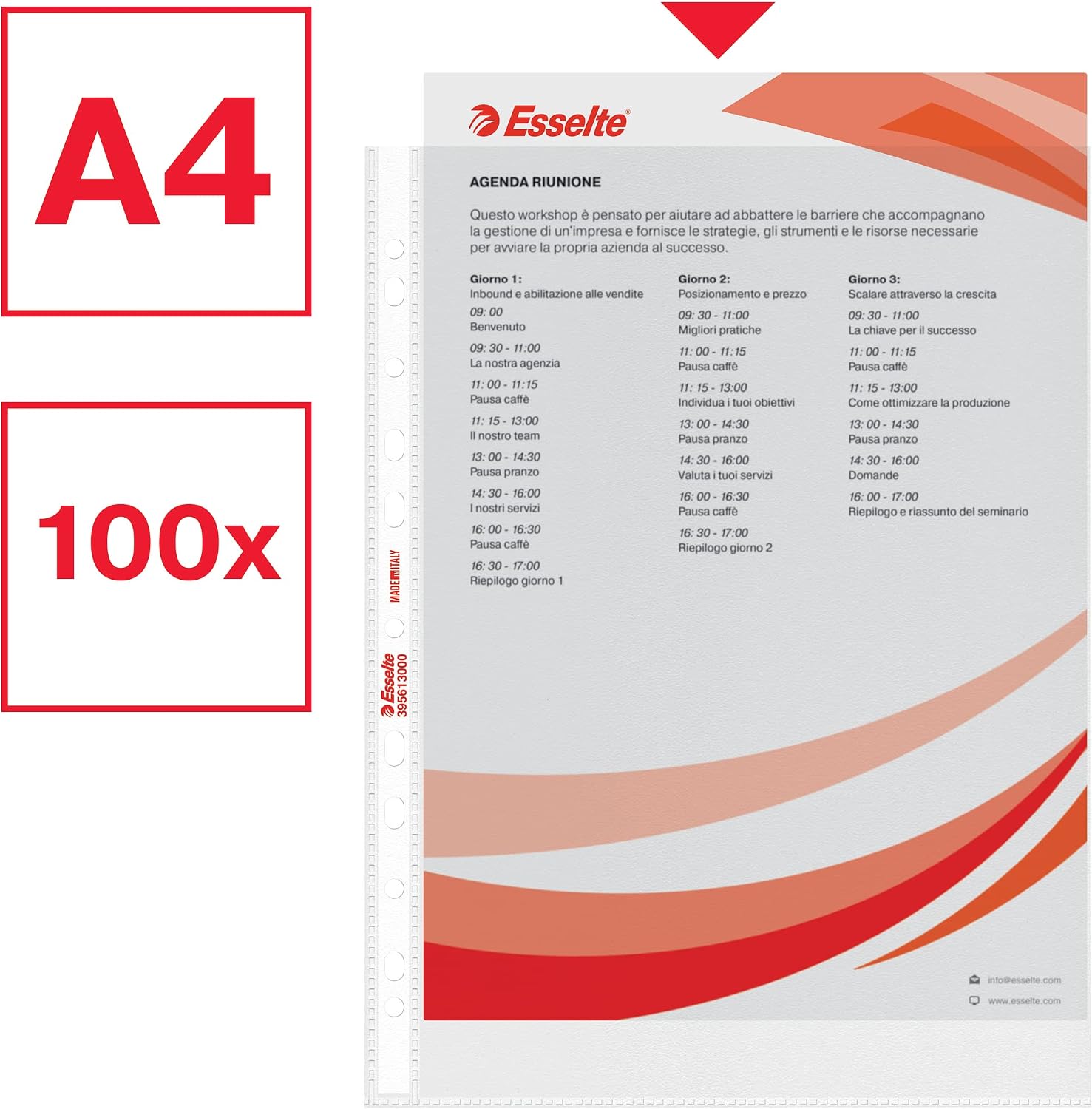 Detalle de Esselte 100 Buste per raccoglitori A4 con fori universali, antiriflesso, anti-copia – ideale per archiviazione sicura e pulita