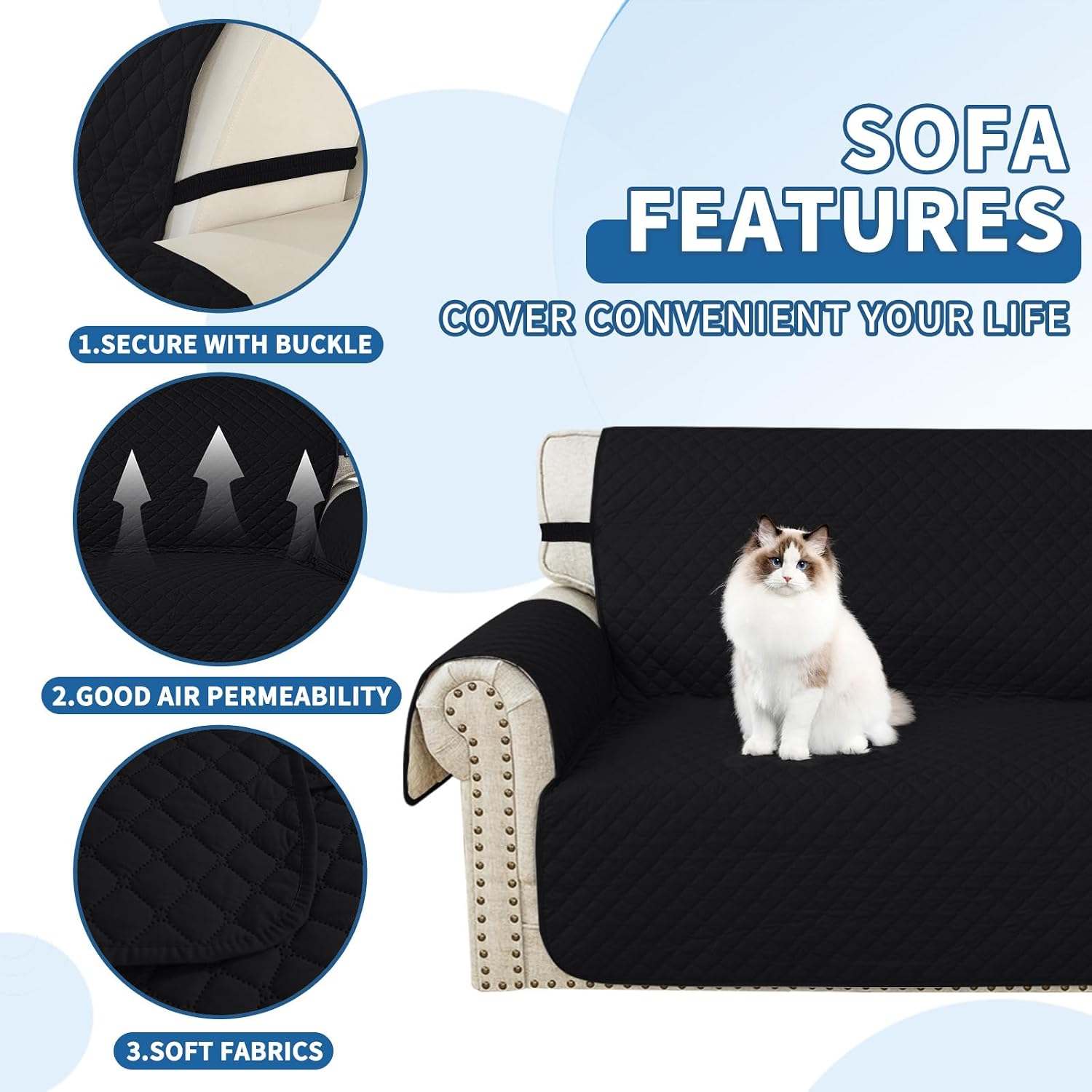 Detalle de YSTELLAA Copridivano impermeabile per chaise longue angolare reversibile (2 posti con penisola, L 210 cm) nero