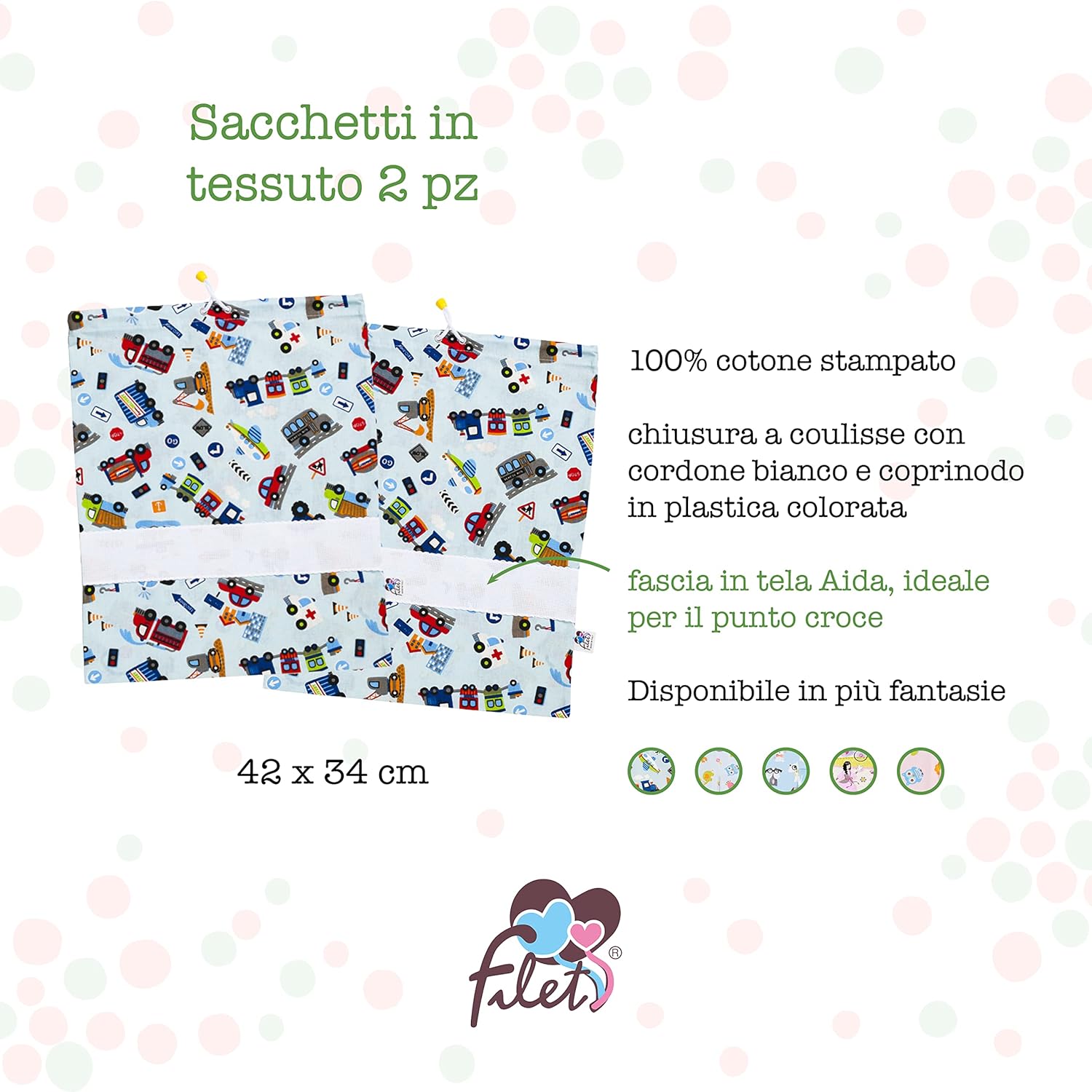 Thumbnail 1 de Filet - Set di 2 Sacchetti Asilo in Cotone Stampato con Inserto in Tela Aida da Ricamare – 42 x 34 cm, Made in Italy