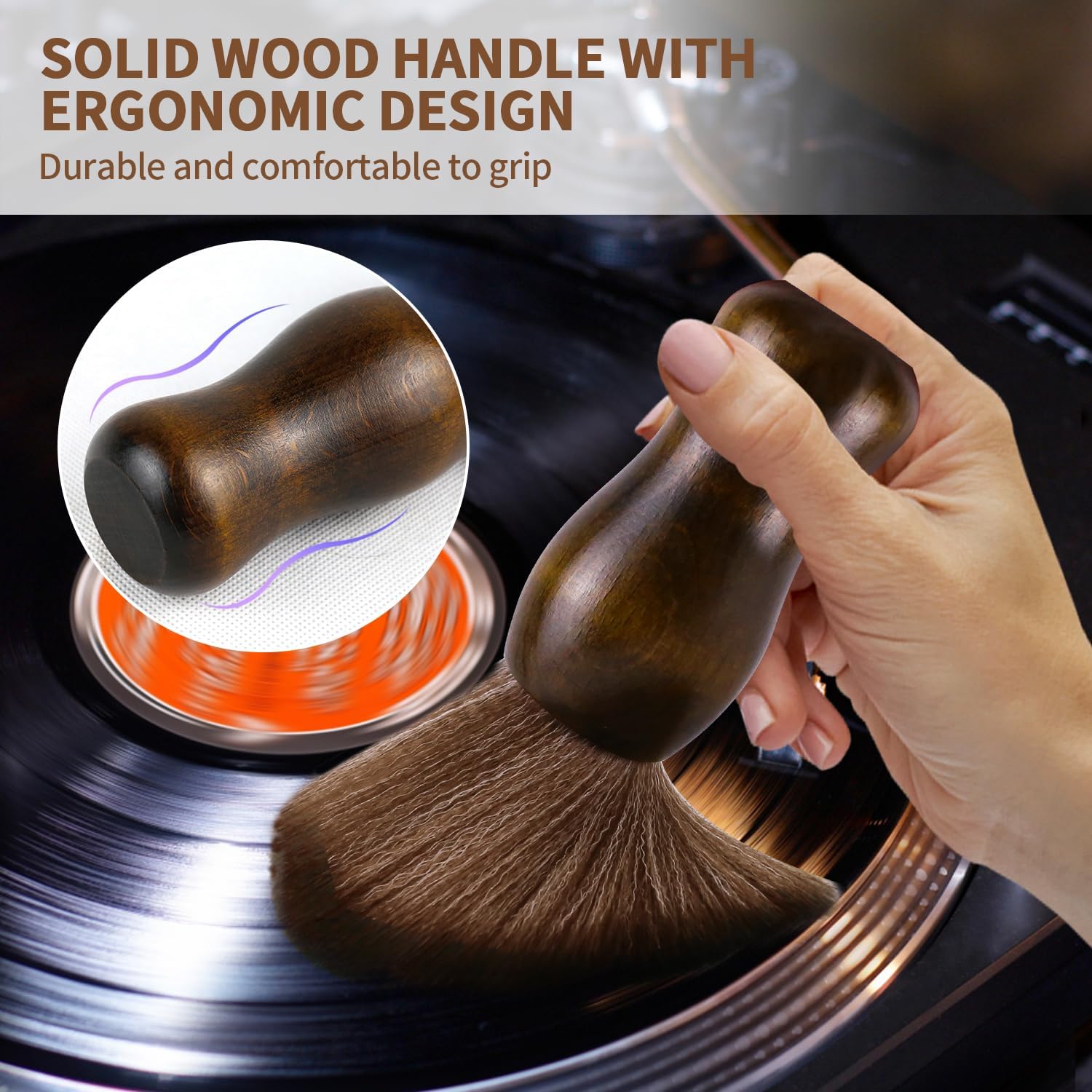 Detalle de XQ XIAO QIAO Vinyl Record Cleaning Brush – Anti-Static Dust Cleaner with Camphor Wood Handle