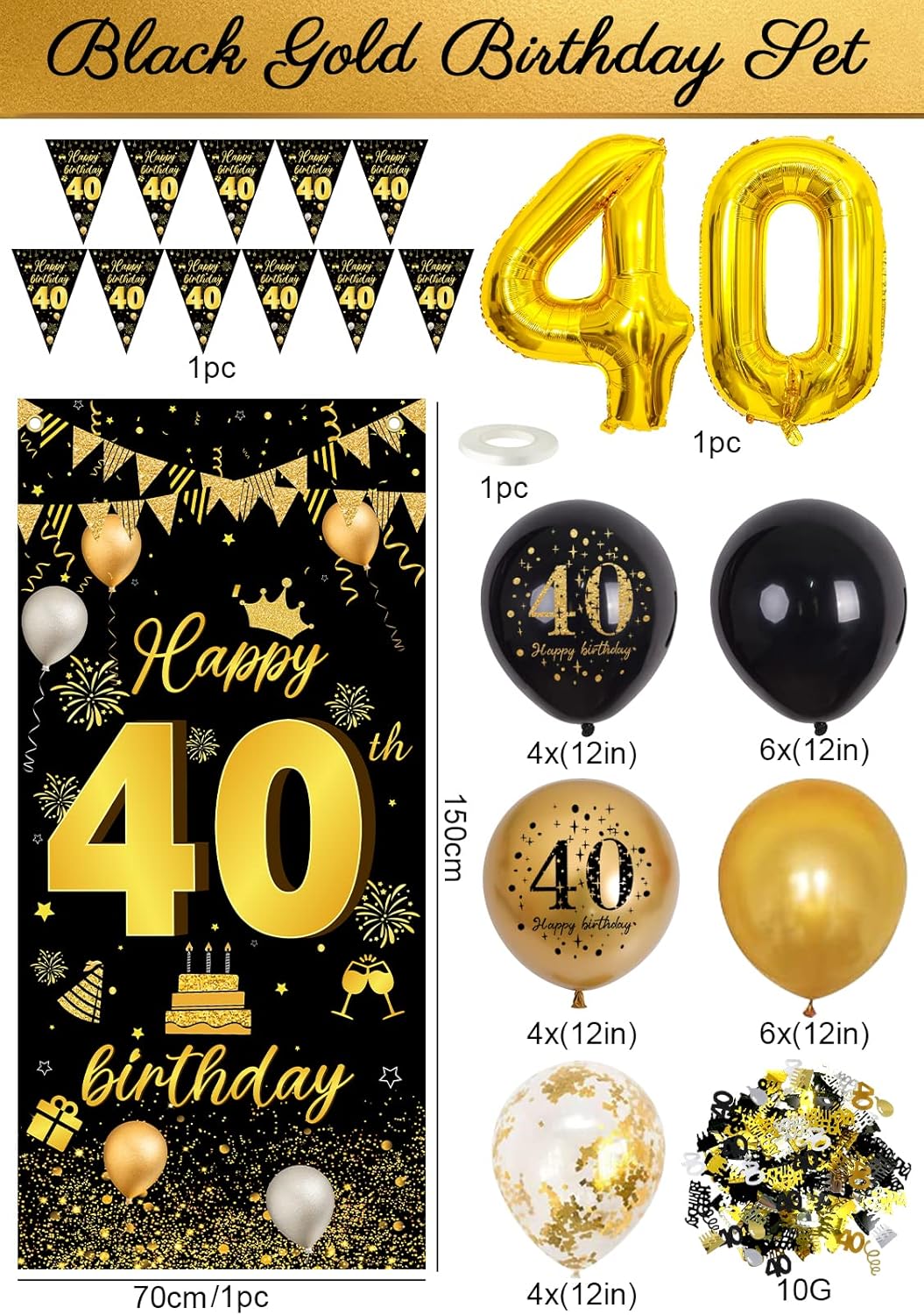 Thumbnail 2 de 40th Birthday Balloons & Decorations (Gold and Black) – Banner, Bunting, Foil Number 40 and Confetti Balloons