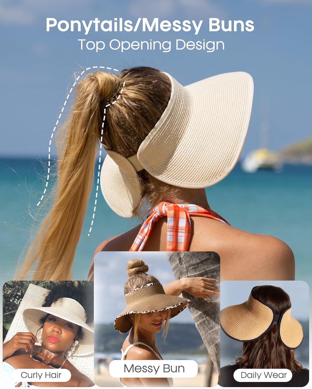 Detalle de FURTALK Women’s Sun Hats Wide Brim Straw Hat with UPF 80+ Protection (Packable, Foldable, Ponytail Opening)