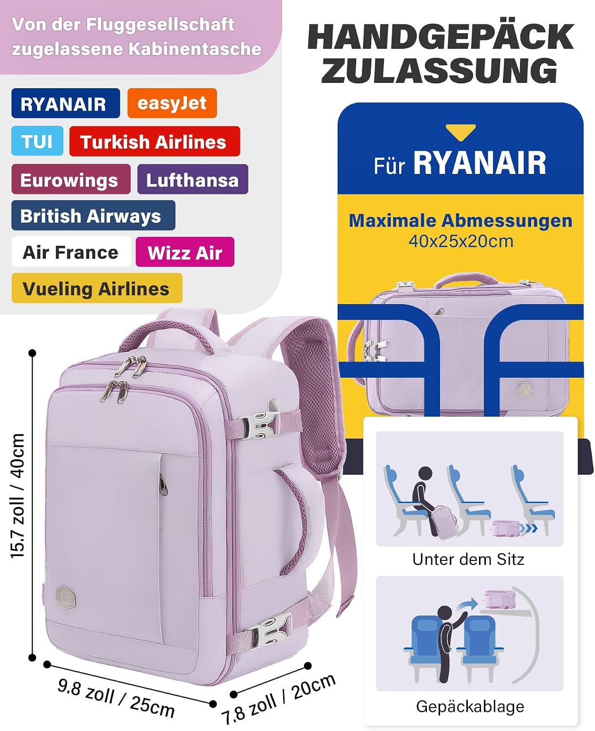 Detalle de VANKEV Handgepäck Rucksack 20 L
