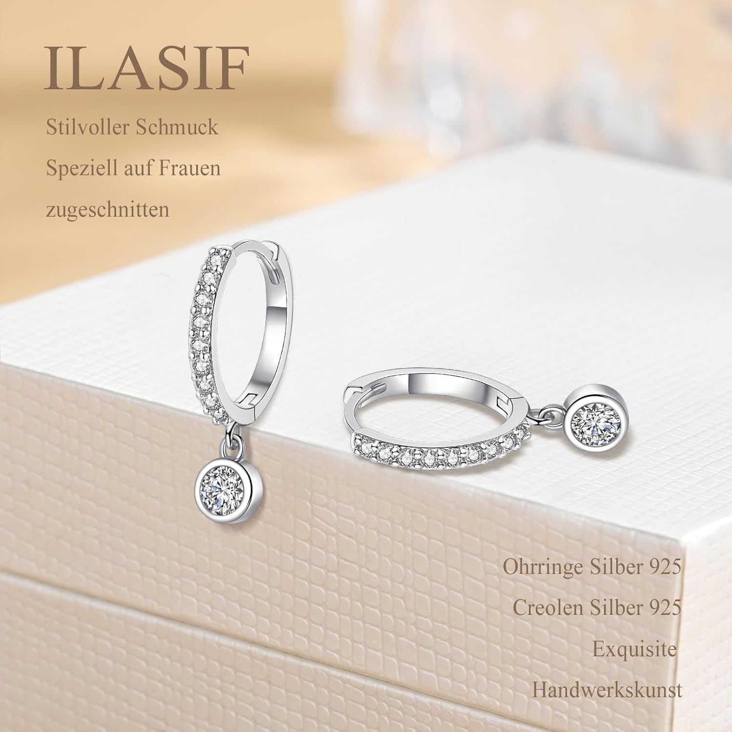 Thumbnail 1 de ilasif Ohrringe Silber 925 Hängend Creolen mit Herz und Zirkonia (rund, klein) für Damen & Herren