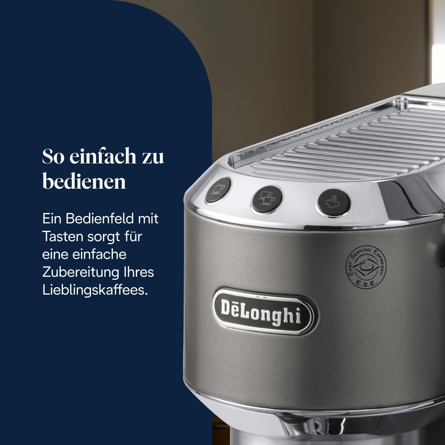 Detalle de De'Longhi Dedica Style EC685.TB – kompakte Siebträgermaschine Titan, 15 cm Breite