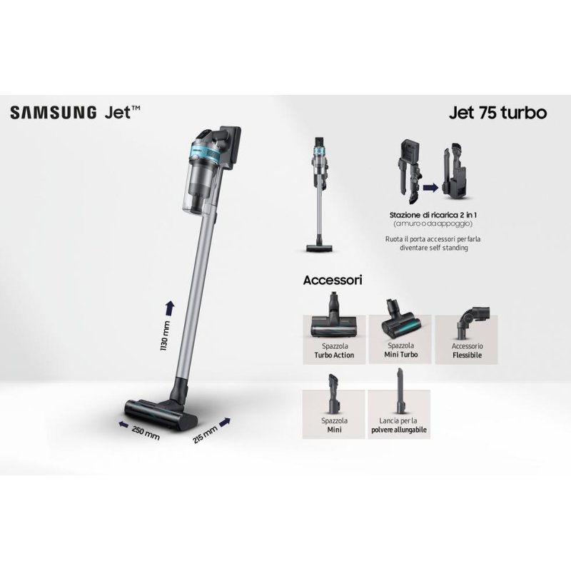 Detalle de Samsung Jet 75 Turbo, aspiradora escoba sin bolsa de 550 W con filtro HEPA