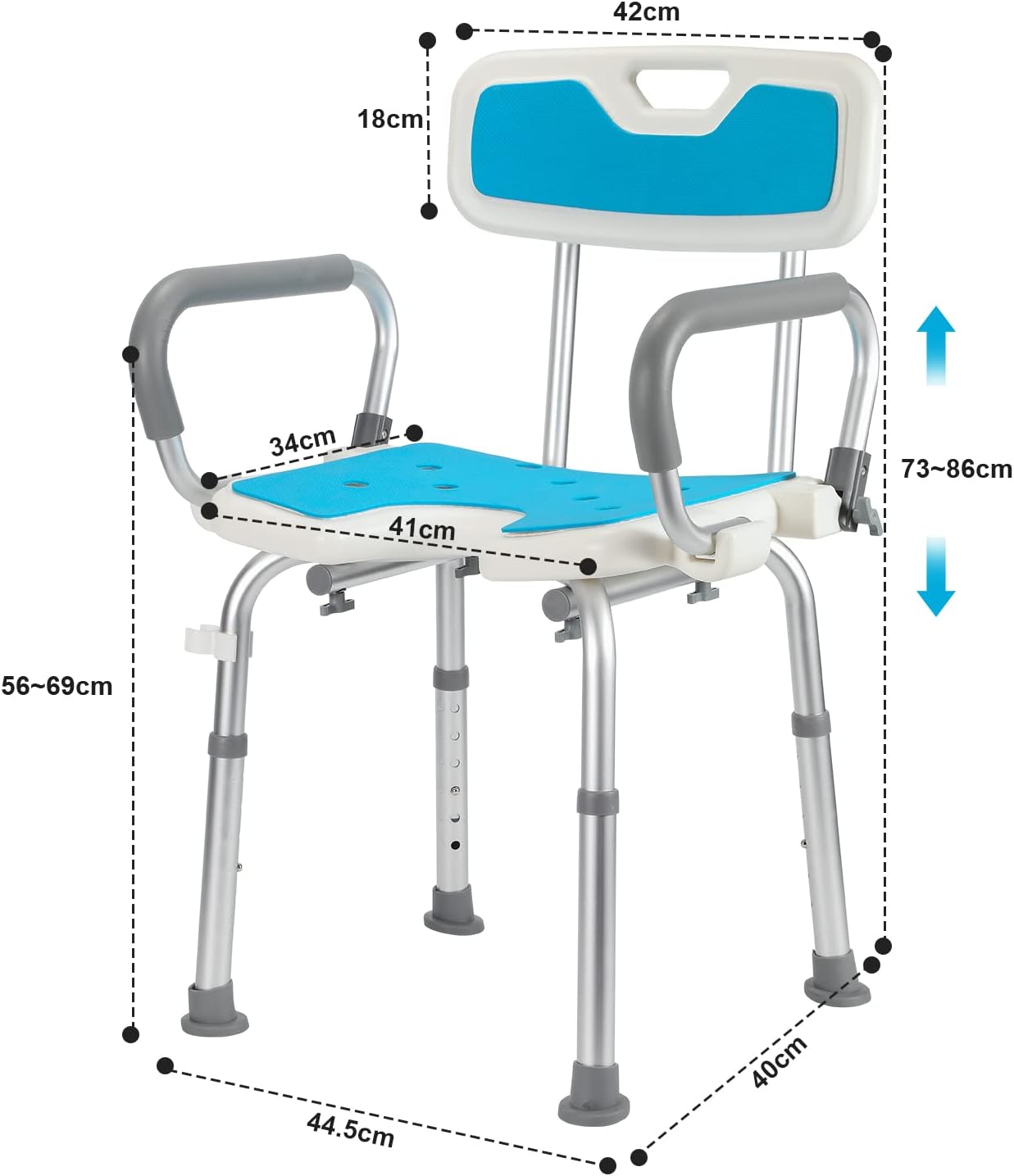 Detalle 2 de Sonnewelt Sgabello da doccia: sedia da doccia con braccioli rimovibili, altezza regolabile 37,5–50,5 cm