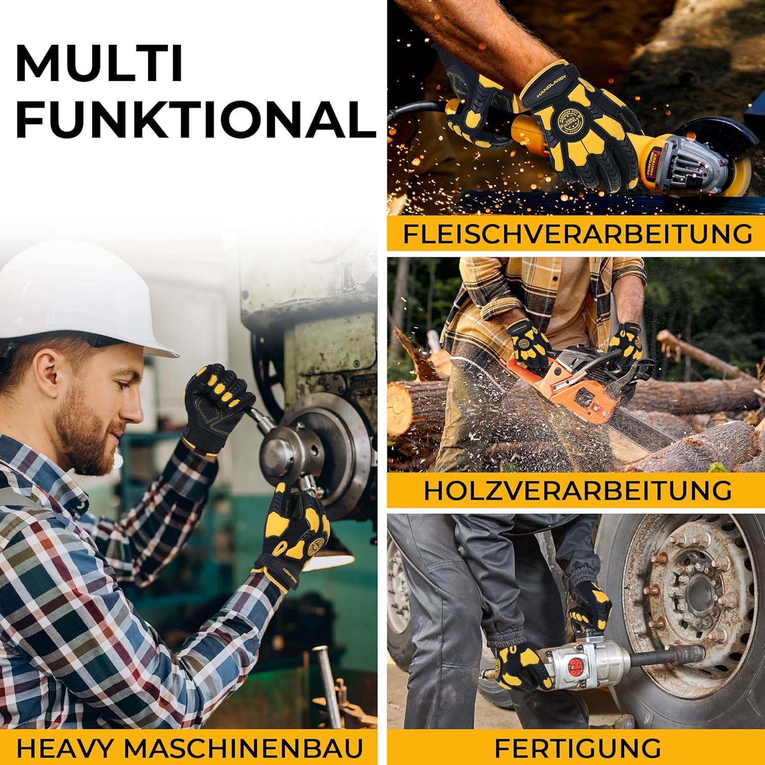 Thumbnail 5 de HANDLANDY Schnittfeste Handschuhe für Männer mit Anti-Vibrations-Schutz, gepolsterter PVC-Handfläche (Schwarz-Gelb) – Größe L