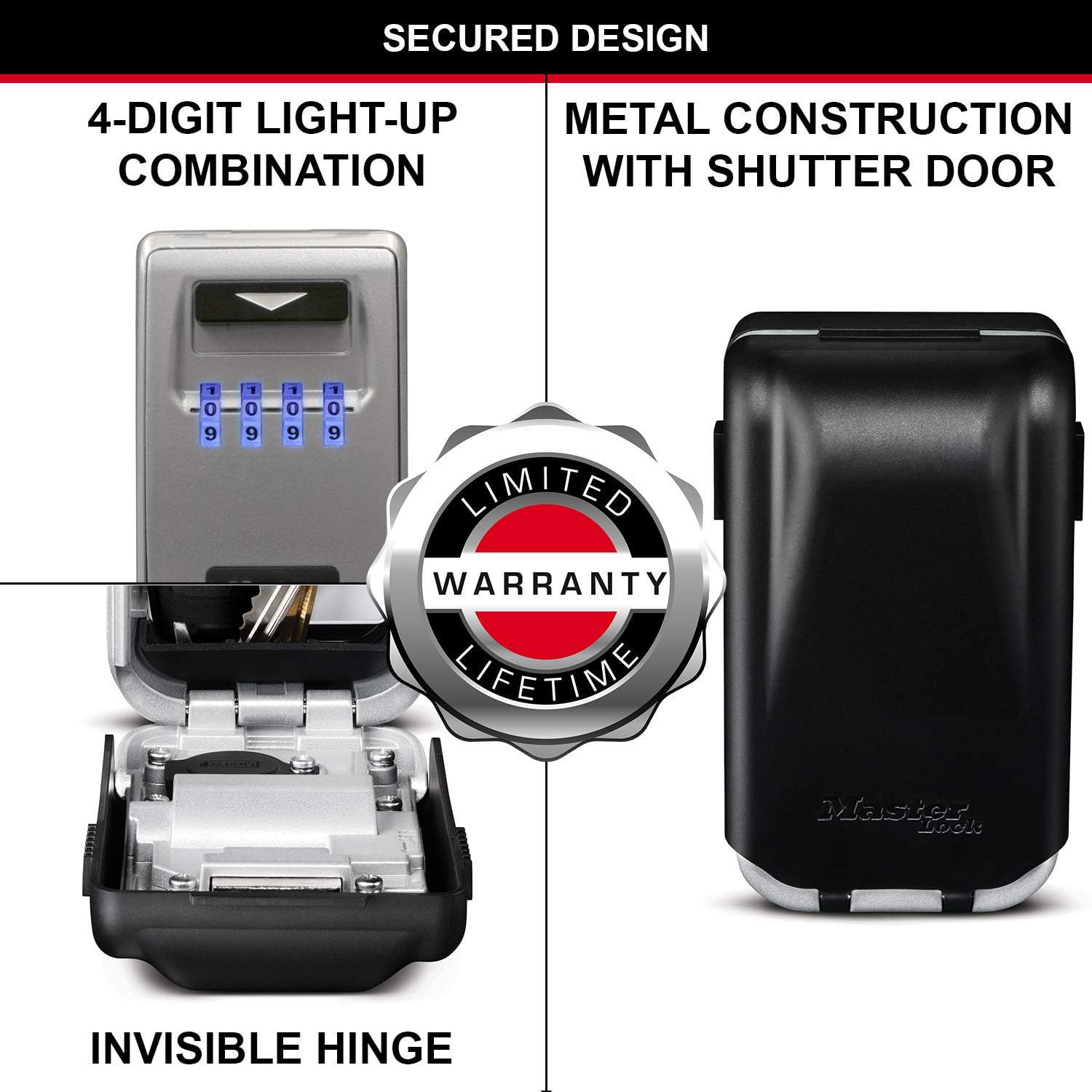 Detalle de MASTER LOCK Wall Mounted Light Up Dial Key Safe, Medium (72 x 126 x 52 mm) – Grey Zinc, Outdoor