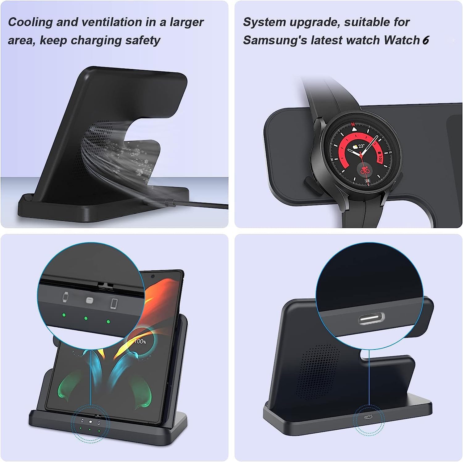 Detalle 2 de Nongxiang 3-i-1 trådlös laddningsstation för Samsung med USB-C