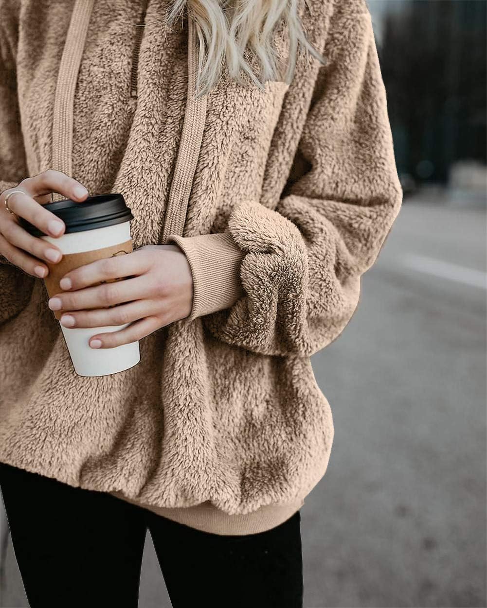 Detalle de onlypuff Fuzzy Sherpa Pullover Hoodie for Women with Drawstring and Pocket