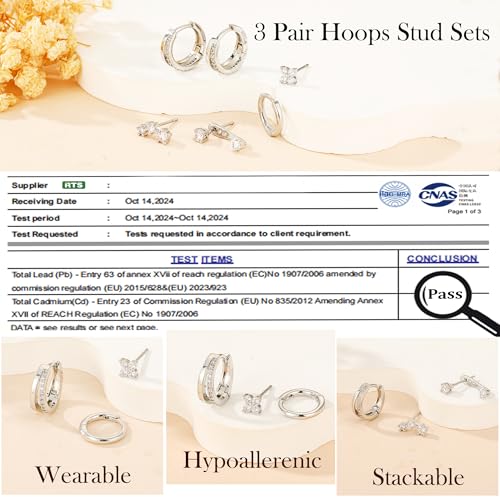 Thumbnail 4 de DORANA 3 Pair 925 Sterling Silver Stud Hoop Earrings Set for Women