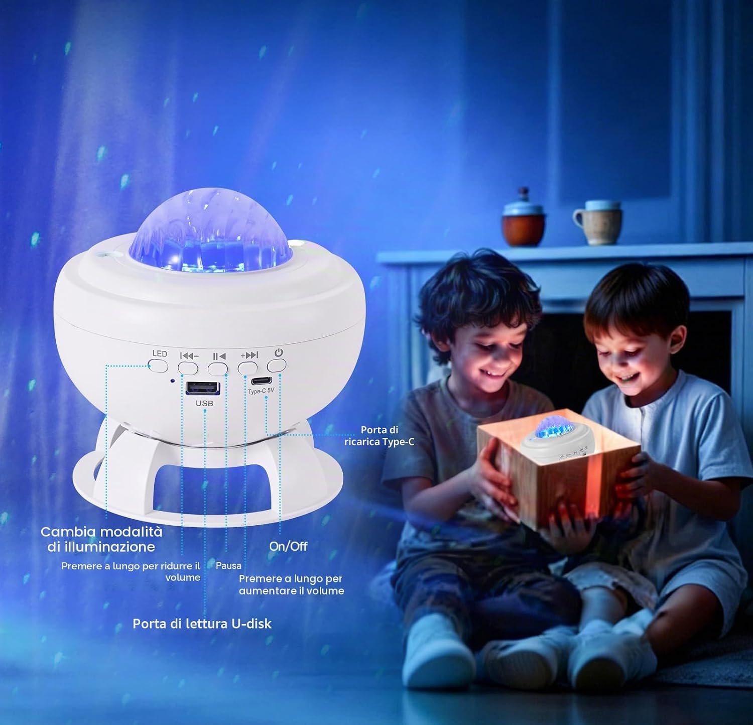 Detalle de Proiettore Stelle Soffitto LED con Lettore Bluetooth: 8 animazioni aurora boreale, altoparlante integrato e ricaricabile