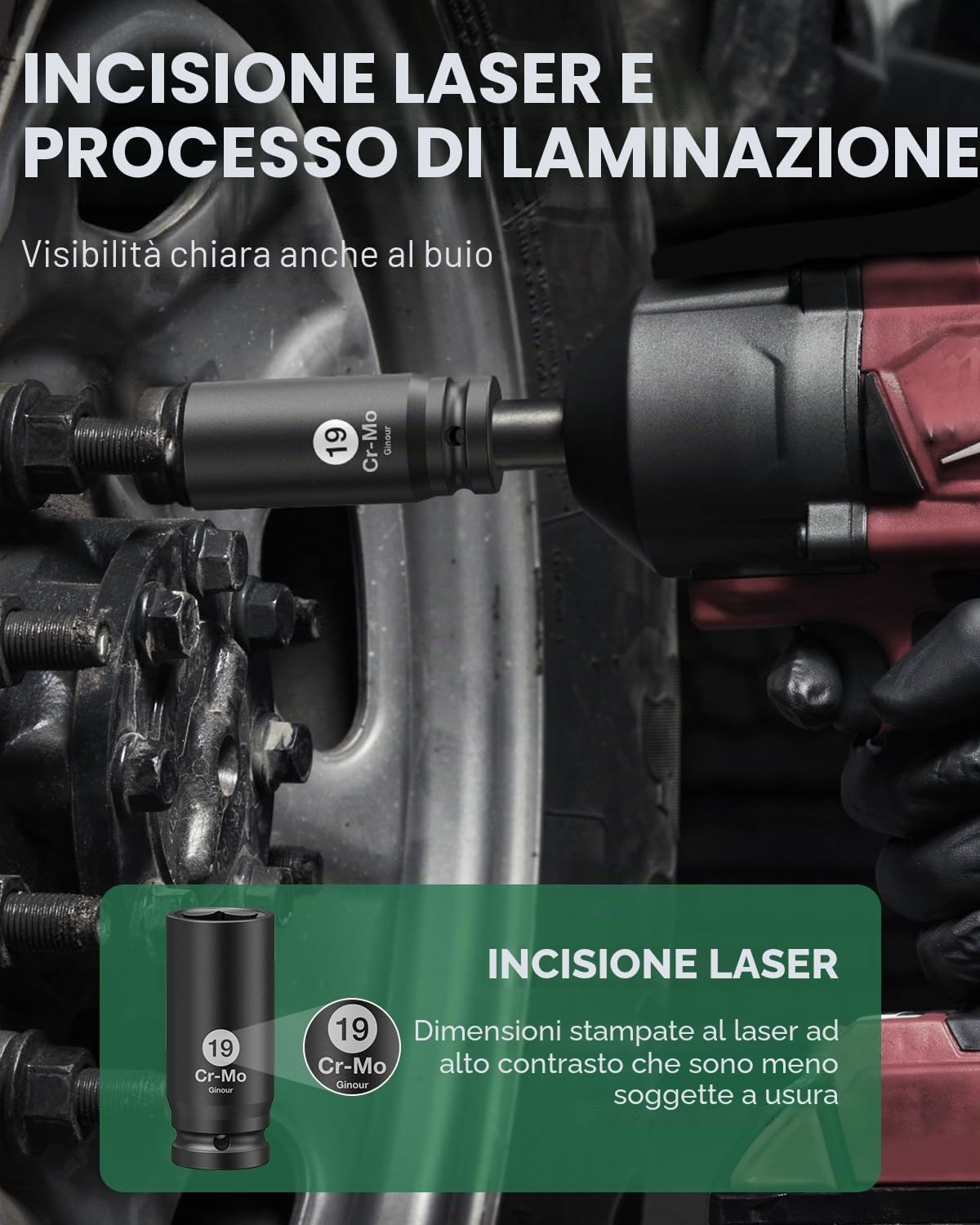 Detalle de Ginour Set Chiavi a Bussola a Impatto 1/2" Cr-Mo – 17 pezzi, 6 punti, con valigetta e prolunghe