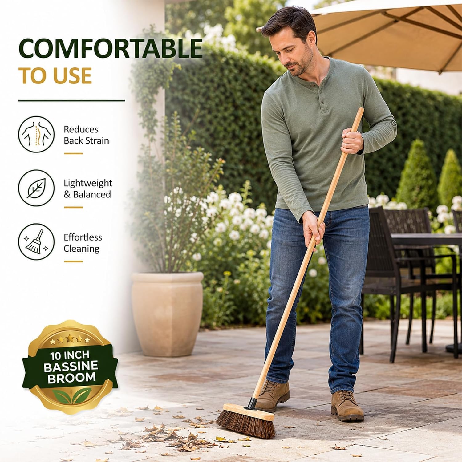 Thumbnail 3 de 10” Outdoor Garden Broom with Wooden Handle by ED LINEN – Heavy-Duty Bassine Bristles