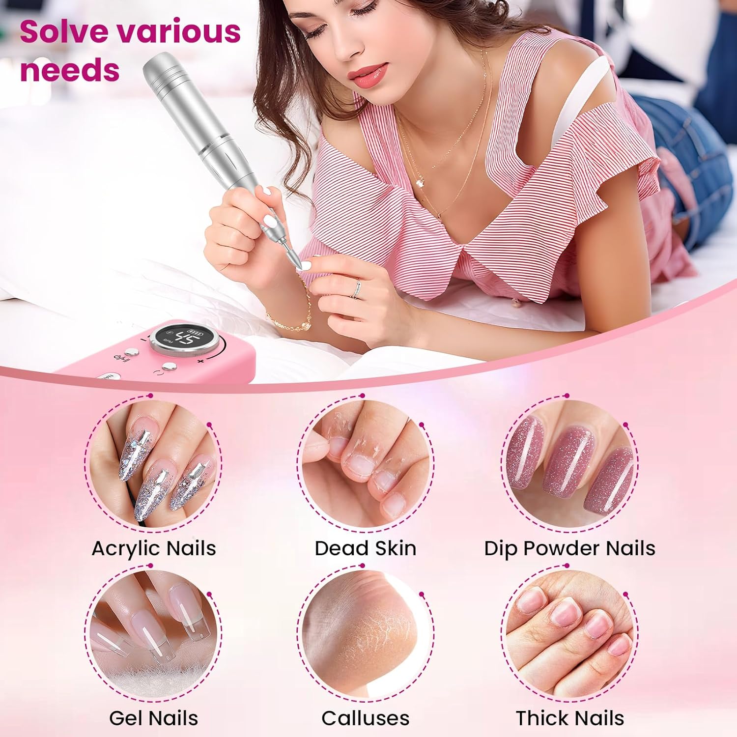 Detalle de PKBD 45000 u/m Professioneller tragbarer Nagelfräser mit 11 Aufsätzen – Für Acryl, Gel und Naturnägel