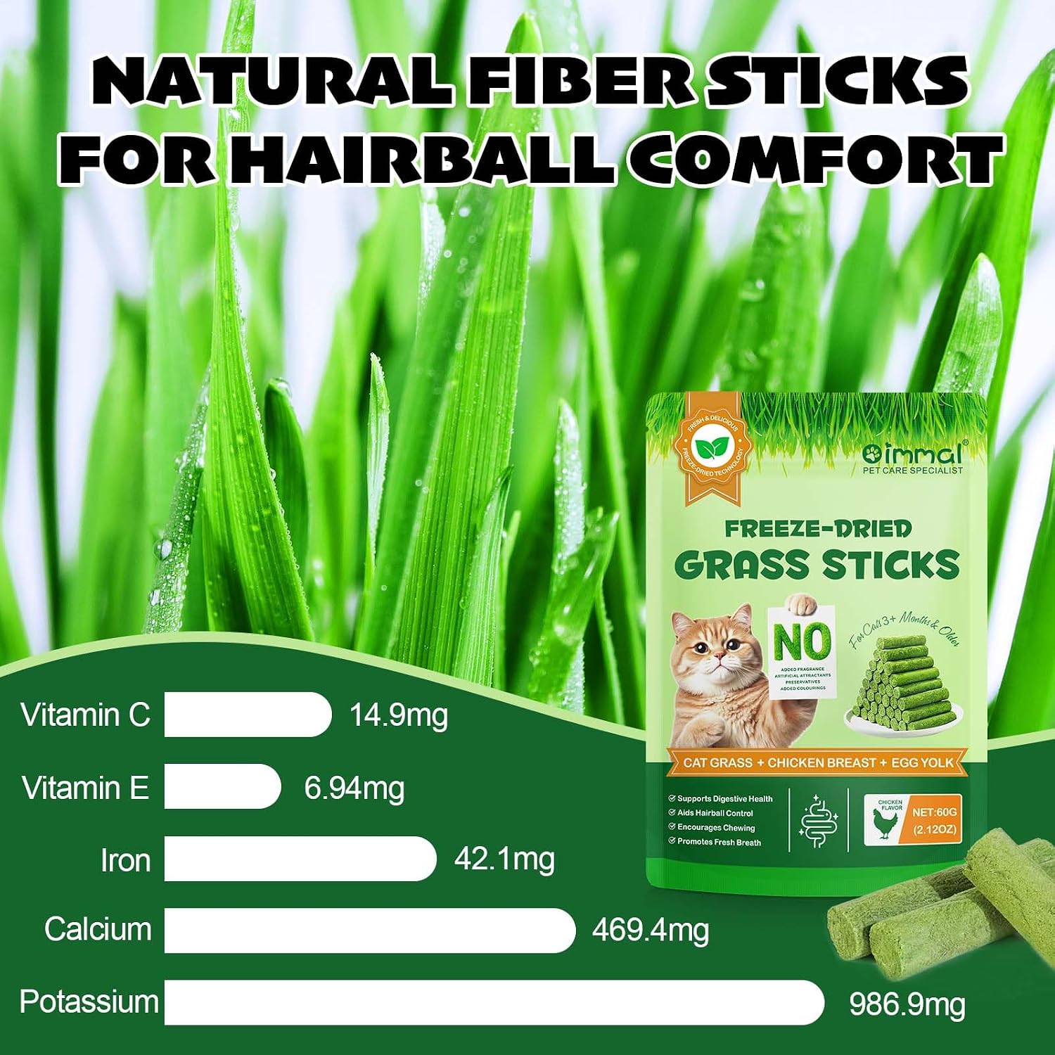 Detalle de Katzengras Snacks für Innen – Gefriergetrocknet, 80 g | Huhn, Fischöl & Haarballenreduzierung