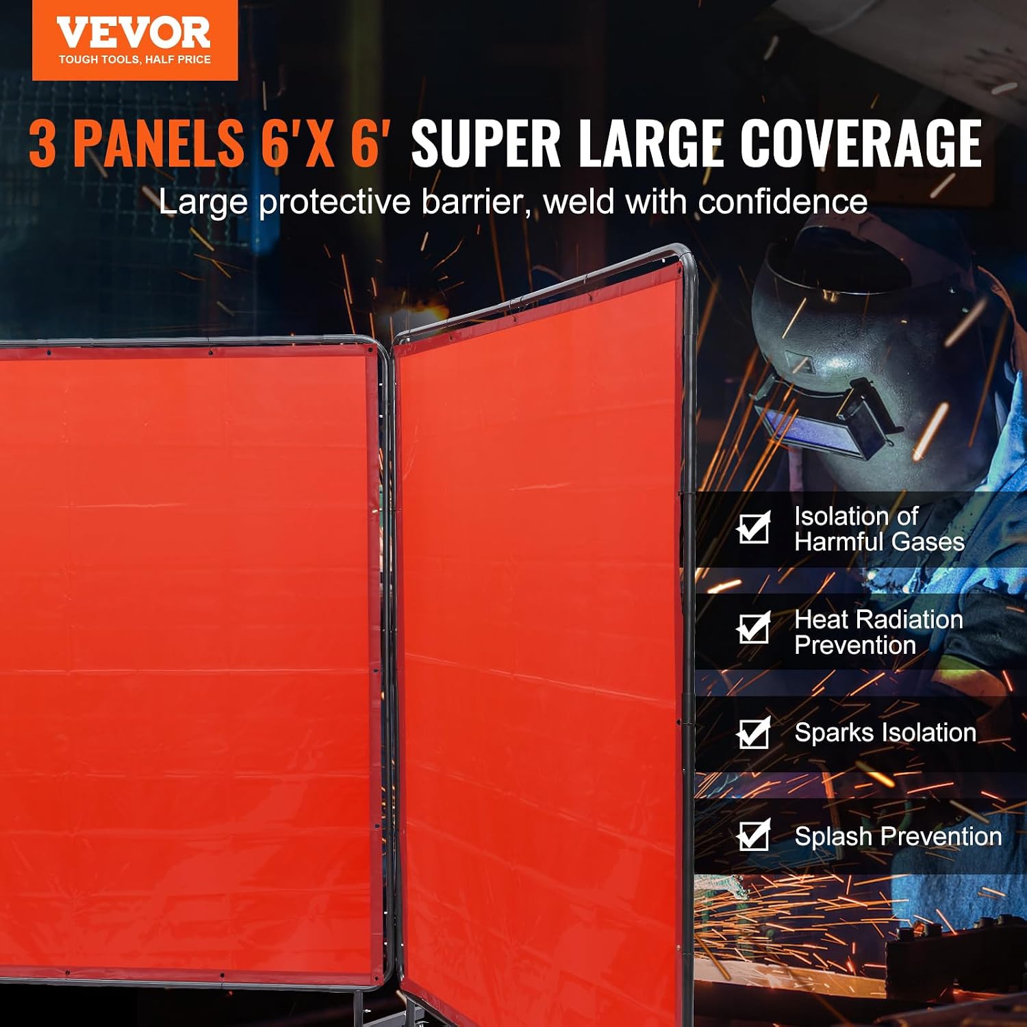 Detalle de VEVOR Welding Screen with Frame – 3-Panel 6' x 6' Moveable Curtain on 12 Wheels