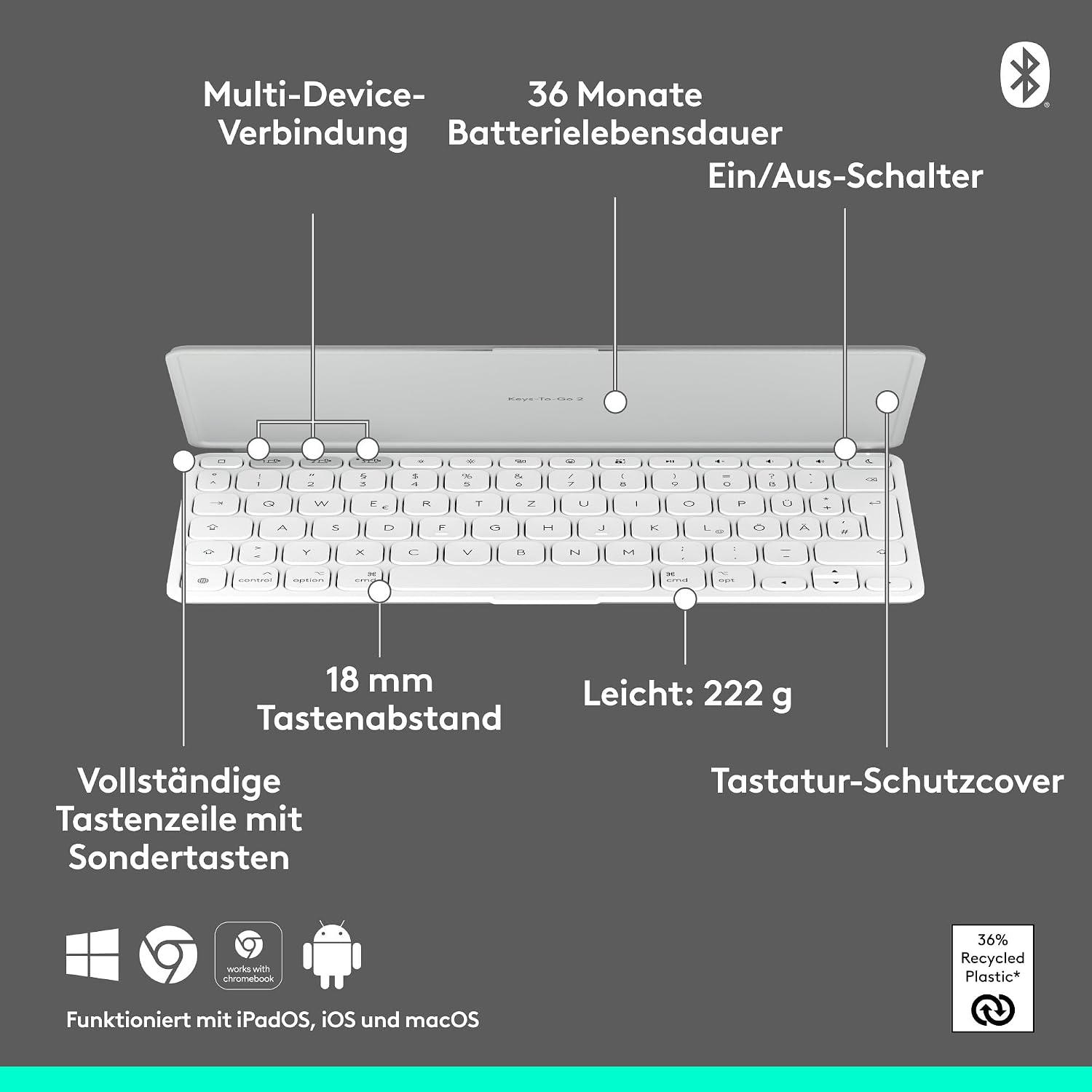 Thumbnail 5 de Logitech Keys-To-Go 2 Tastatur DEU QWERTZ Hellgrau