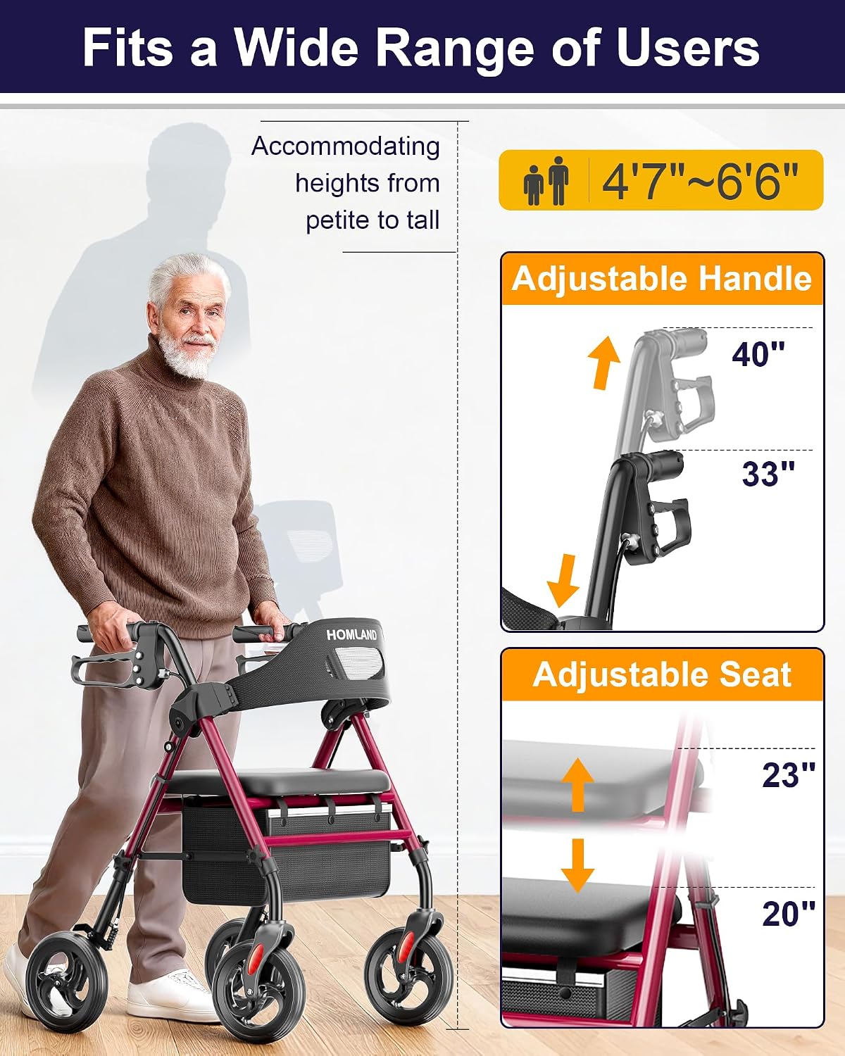 Thumbnail 6 de HOMLAND Foldable Rollator Walker 350 lb. capacity 🦽
