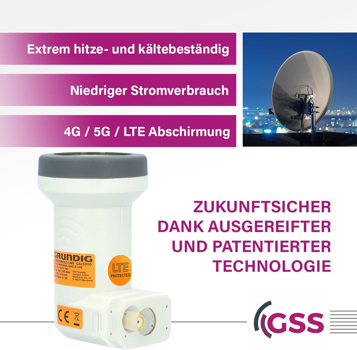 Detalle 2 de GSS Grundig Helios Single LNB (Single, 1 Teilnehmer) mit LTE-Abschirmung, Sun Protect & 2× F-Stecker