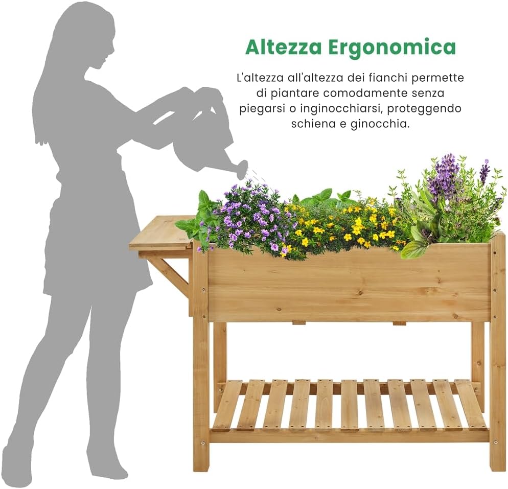 Thumbnail 2 de Yaheetech Fioriera rialzata in legno FSC per balcone e giardino con griglie e ripiano pieghevole 123,5 x 54 x 80 cm