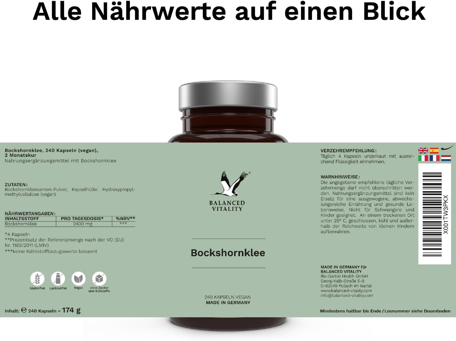 Detalle 2 de Bockshornklee Kapseln Balance Vitality – 2400 mg/Tag, 240 vegane Kapseln