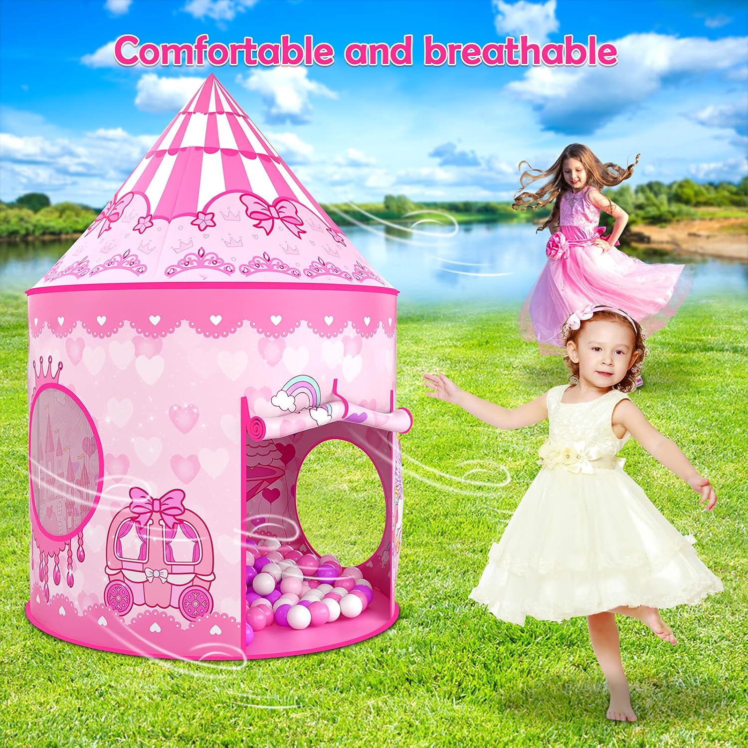 Thumbnail 6 de SENODEER 3PC Princess Tent Playhouse Set with Kids Tunnel & Ball Pit (Indoor/Outdoor)