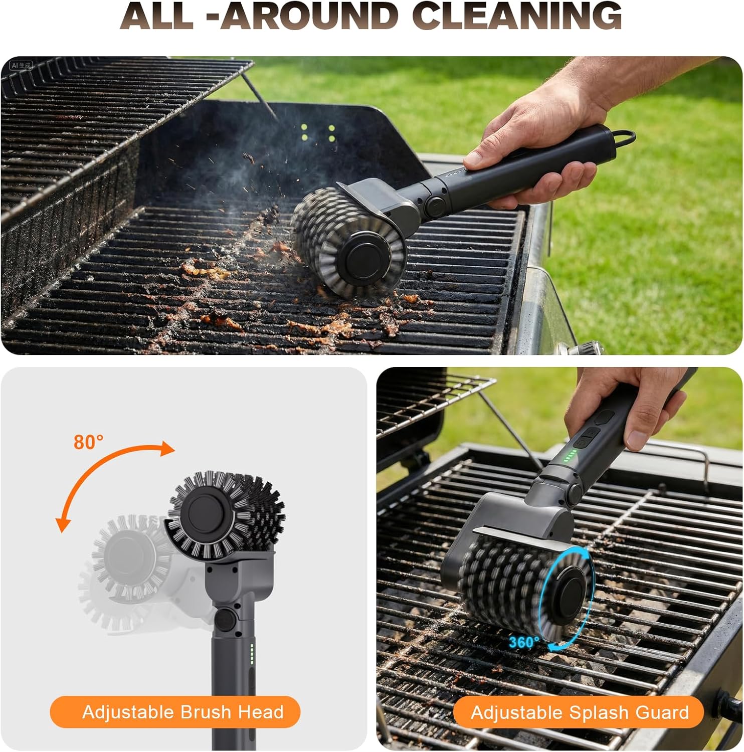 Thumbnail 4 de Electric Grill Brush for Outdoor with 2 Heads, 3 Speeds & Adjustable Angle (Cordless BBQ Grill Cleaner)