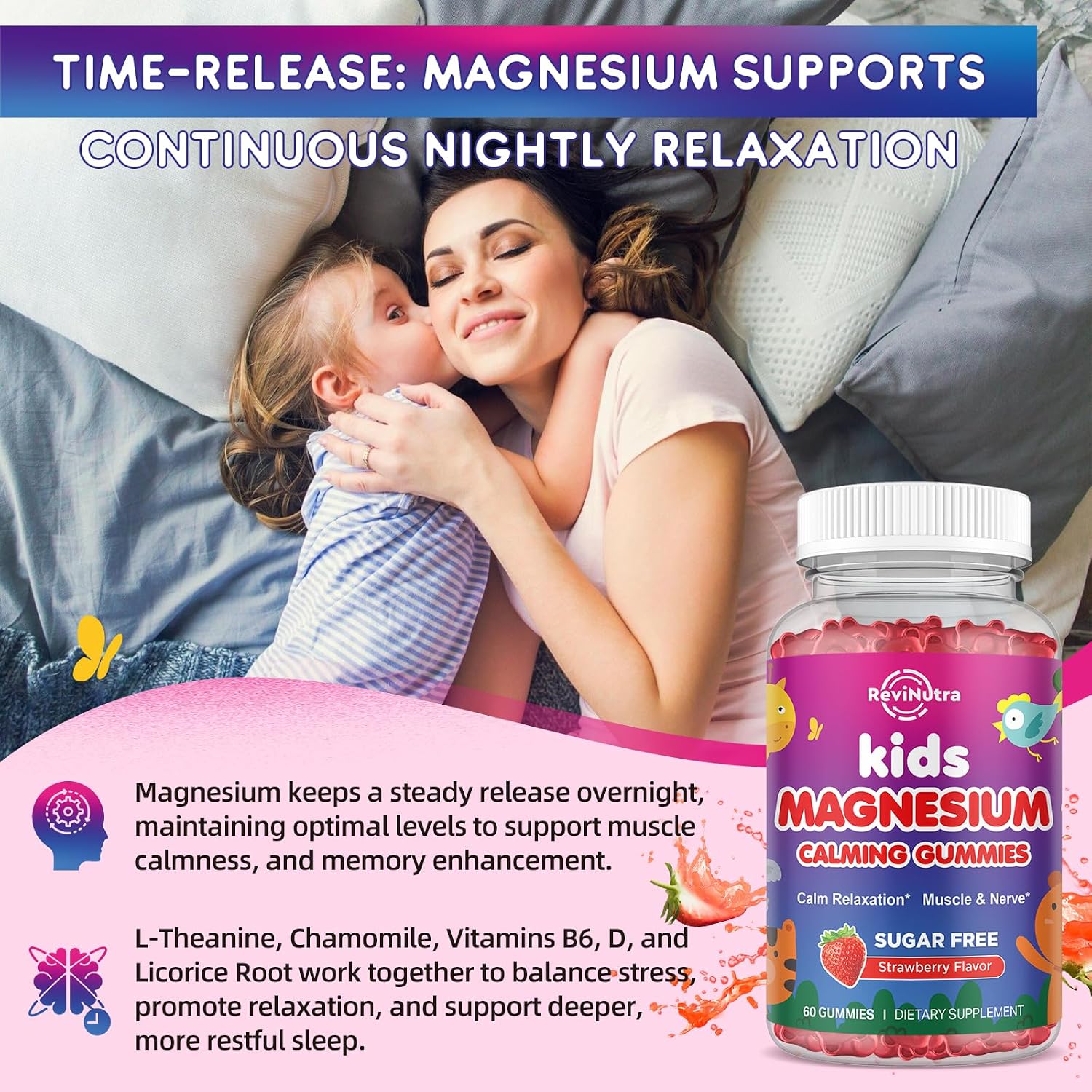 Detalle de ReviNutra Magnesium Gummies for Kids, Strawberry, Sugar-Free, 2-Pack