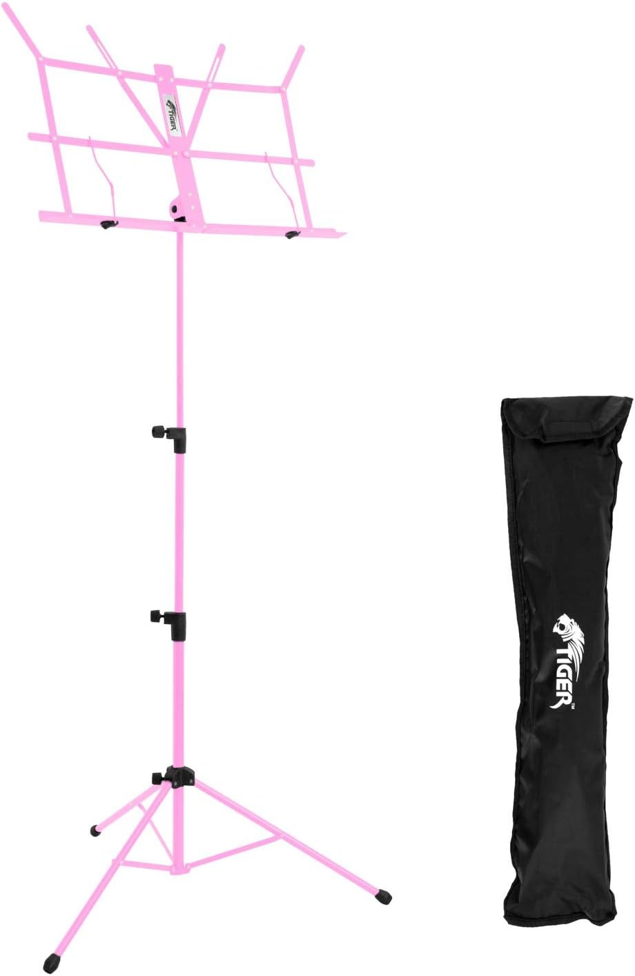 Detalle de Tiger MUS56-PK hopfällbart notställ i metall, rosa, med bärväska