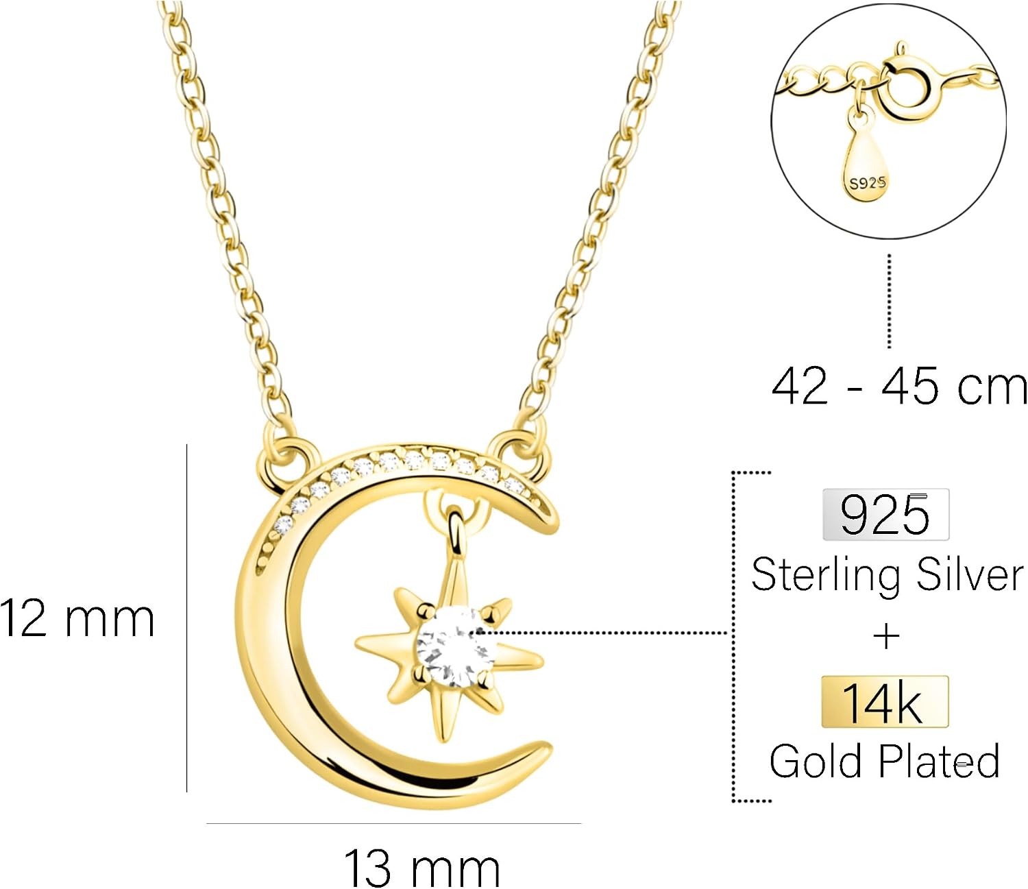 Detalle de Sofia Milani Damen Halskette 925 Silber mit Mondanhänger und Zirkonia – Verstellbare Länge 42–45 cm