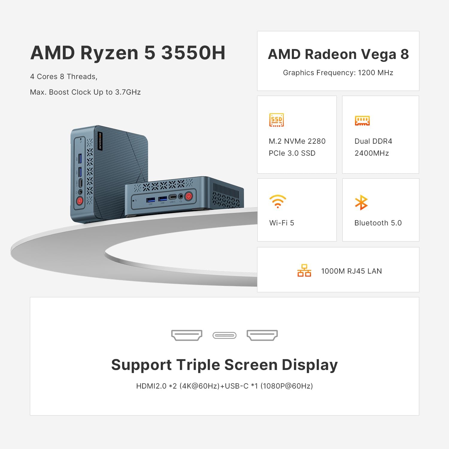 Thumbnail 1 de Bosgame E2 Mini PC with Ryzen 5 3550H: 16GB RAM, 512GB SSD, Triple 4K Display
