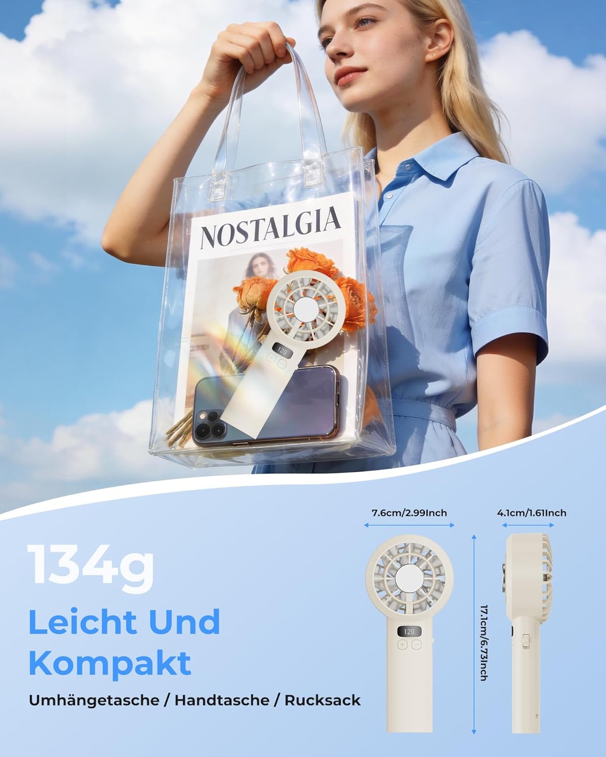 Thumbnail 4 de LUXVANO Handventilator (120 Stufen) mit LED-Display, Sicherheitsverriegelung und 3000 mAh Akku – USB Mini Ventilator in Beige