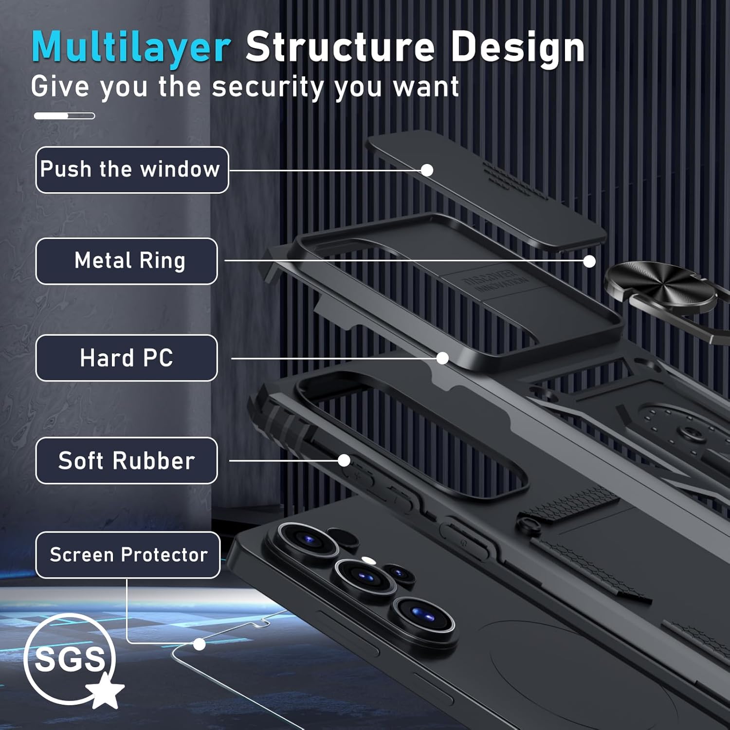 Thumbnail 3 de Janmitta Heavy-Duty Galaxy S26 Ultra Case with Sliding Camera Lens Cover, Screen Protector & 360° Metal Kickstand (2026 Black)