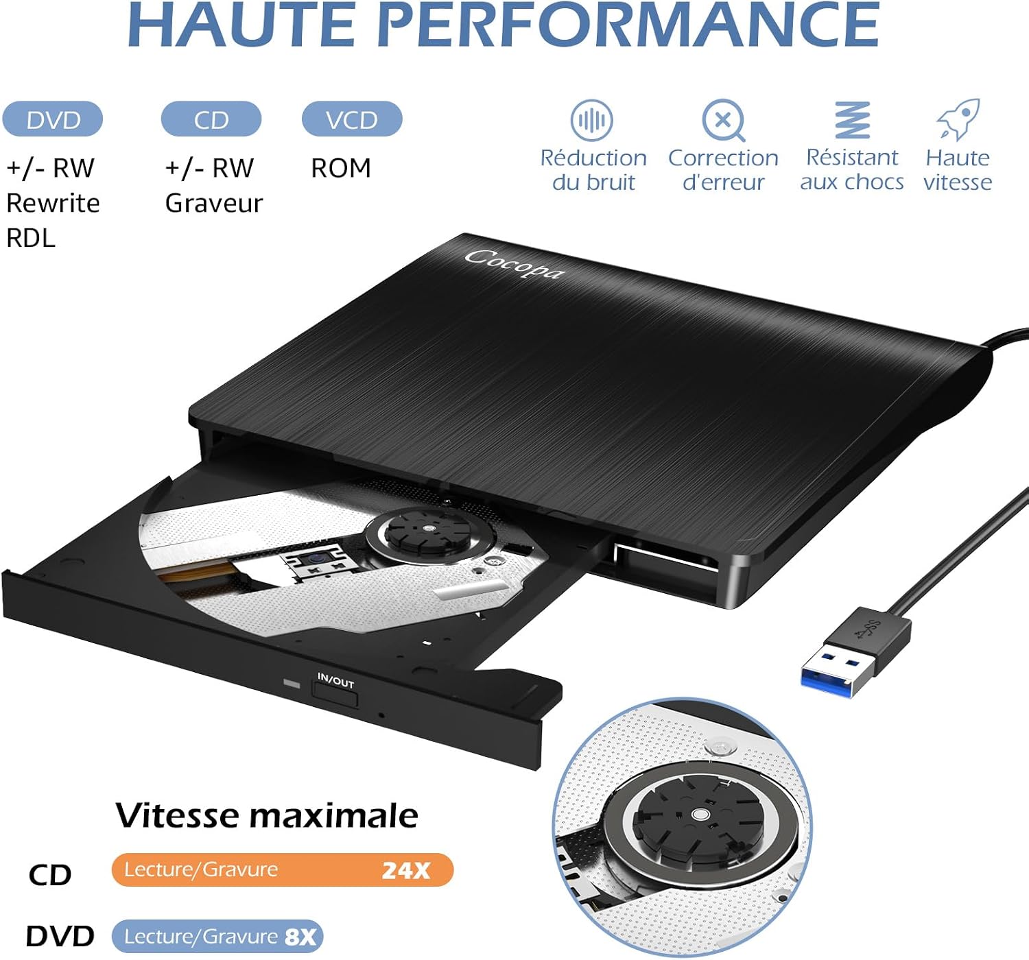 Detalle 2 de Cocopa Lecteur CD/DVD Externe USB 3.0 pour PC et Mac – Graveur/Enregistreur Portable mince