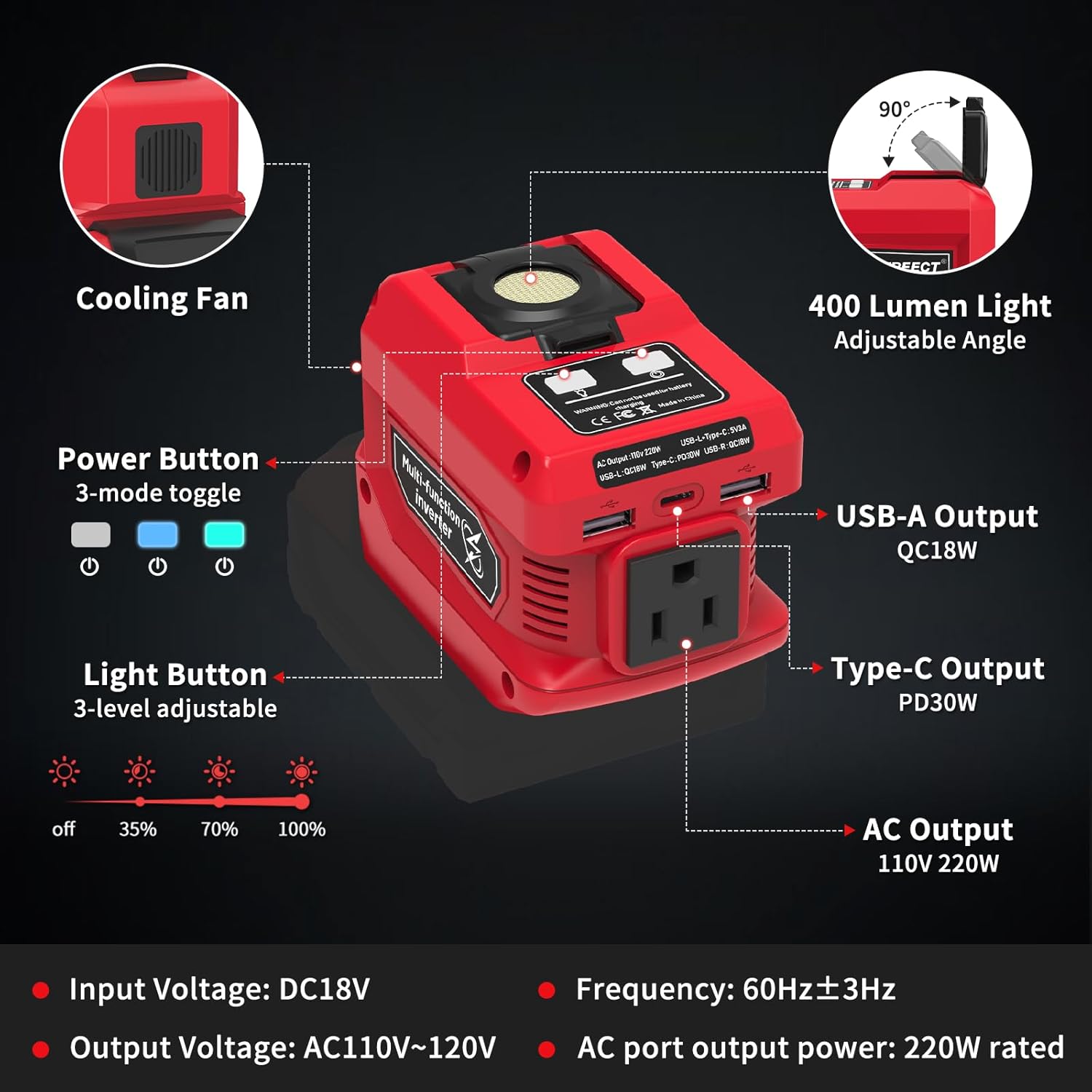 Thumbnail 1 de Kzreect 220W Power Inverter for Milwaukee 18V Batteries (Battery Not Included) — DC to 110V AC Converter + LED