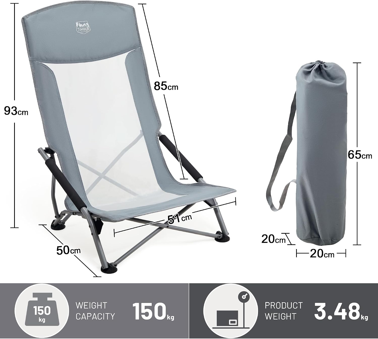 Thumbnail 2 de TIMBER RIDGE Low Folding Beach Chair (Grey) – Lightweight, 150kg Capacity, Mesh High Back, 2-Pack