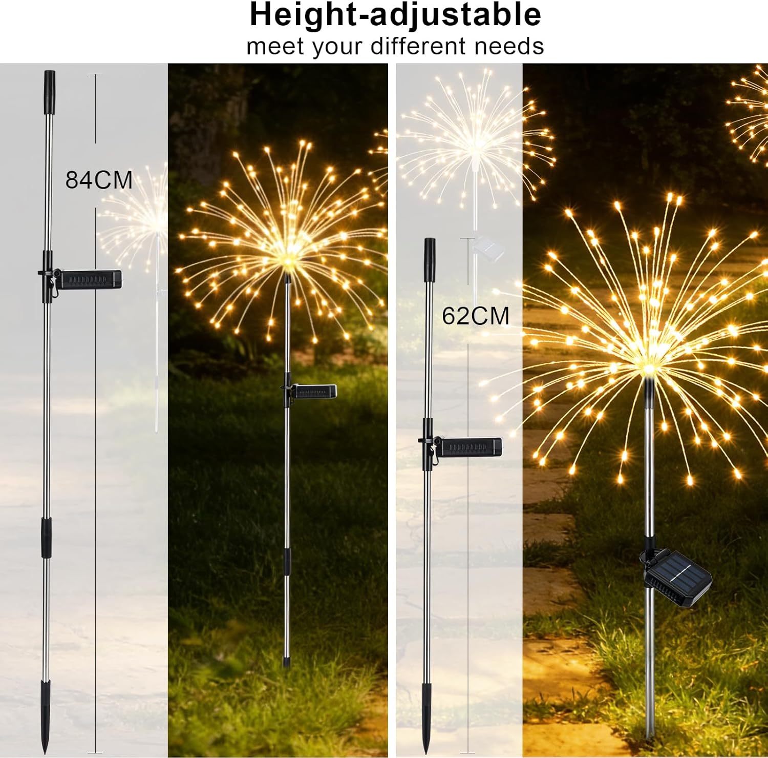 Thumbnail 1 de Solar Lights Outdoor Garden Solar Firework Starburst Stake Lights (120 LEDs, 8 Modes) – 4 Packs, Warm White