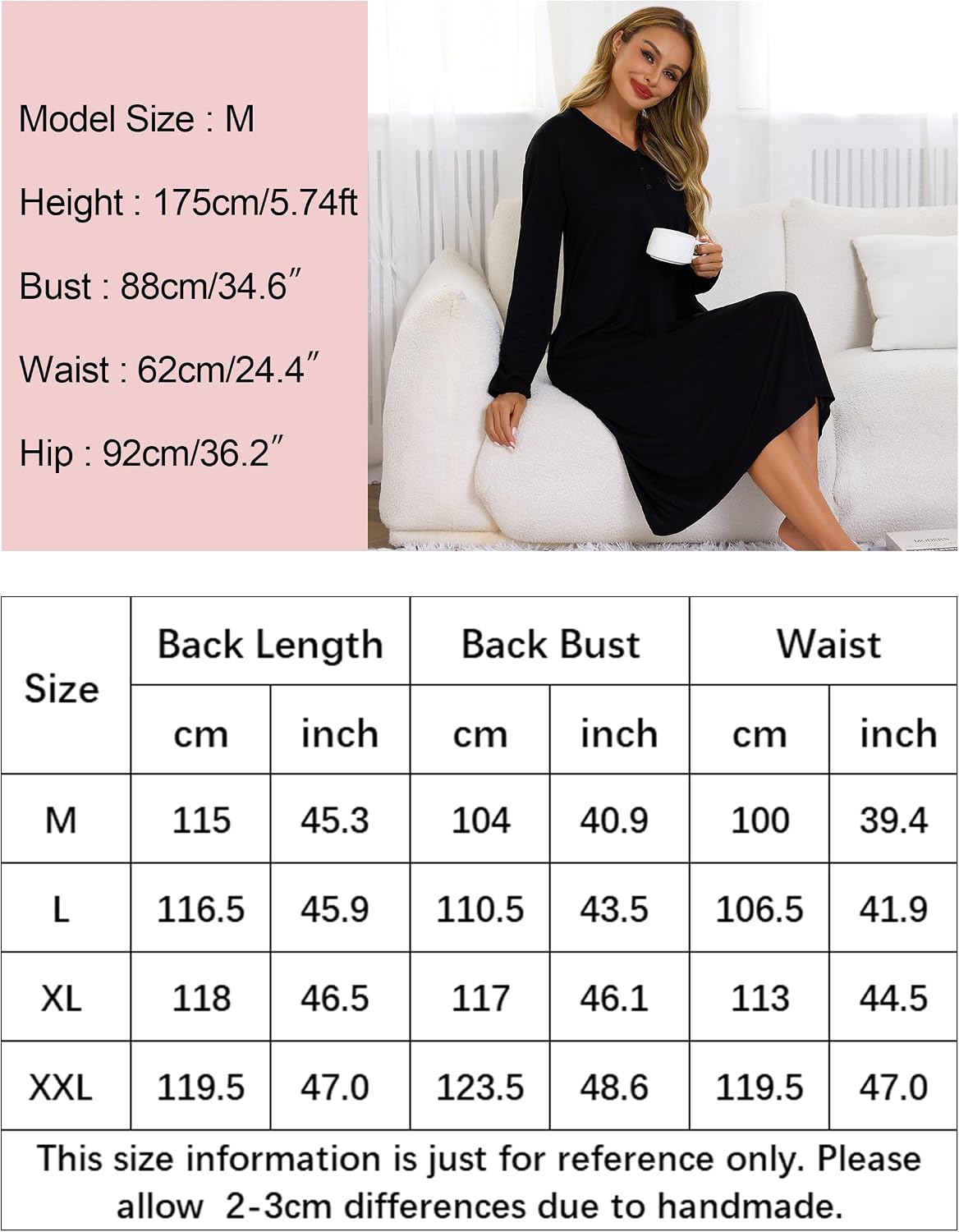 Thumbnail 5 de Lovasy long-sleeve cotton nightdress for women with pockets – long nightshirt nightwear