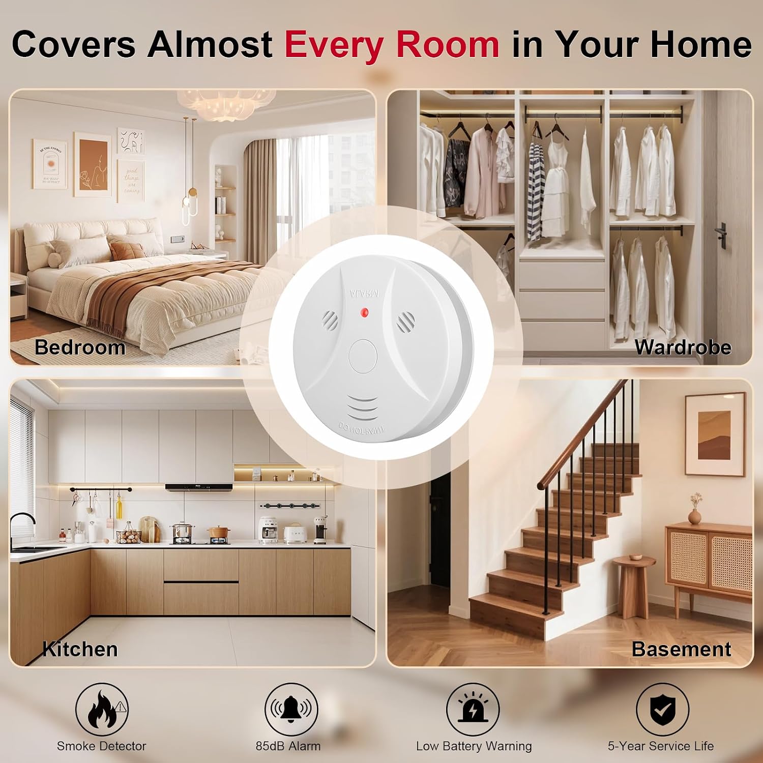 Thumbnail 6 de Kitire Smoke Alarm for Home: 9V Battery Powered Smoke Detector with Test Button